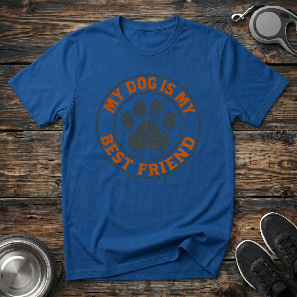 My Dog is My Best Friend royal blue t-shirt with bold distressed
vintage paw print badge in burnt orange, funny dog lover tee
and dog mom dad best friend gift