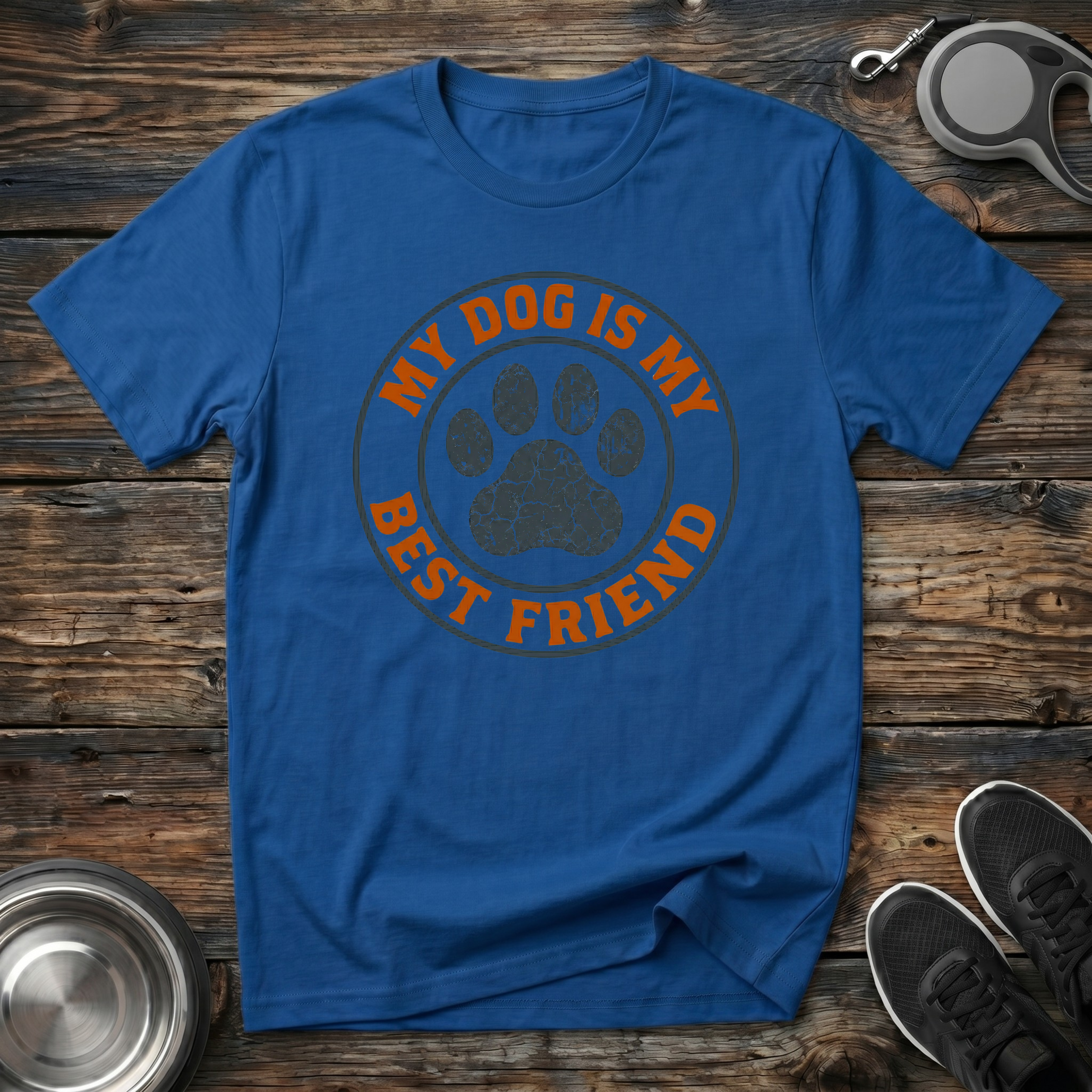 My Dog is My Best Friend royal blue t-shirt with bold distressed
vintage paw print badge in burnt orange, funny dog lover tee
and dog mom dad best friend gift