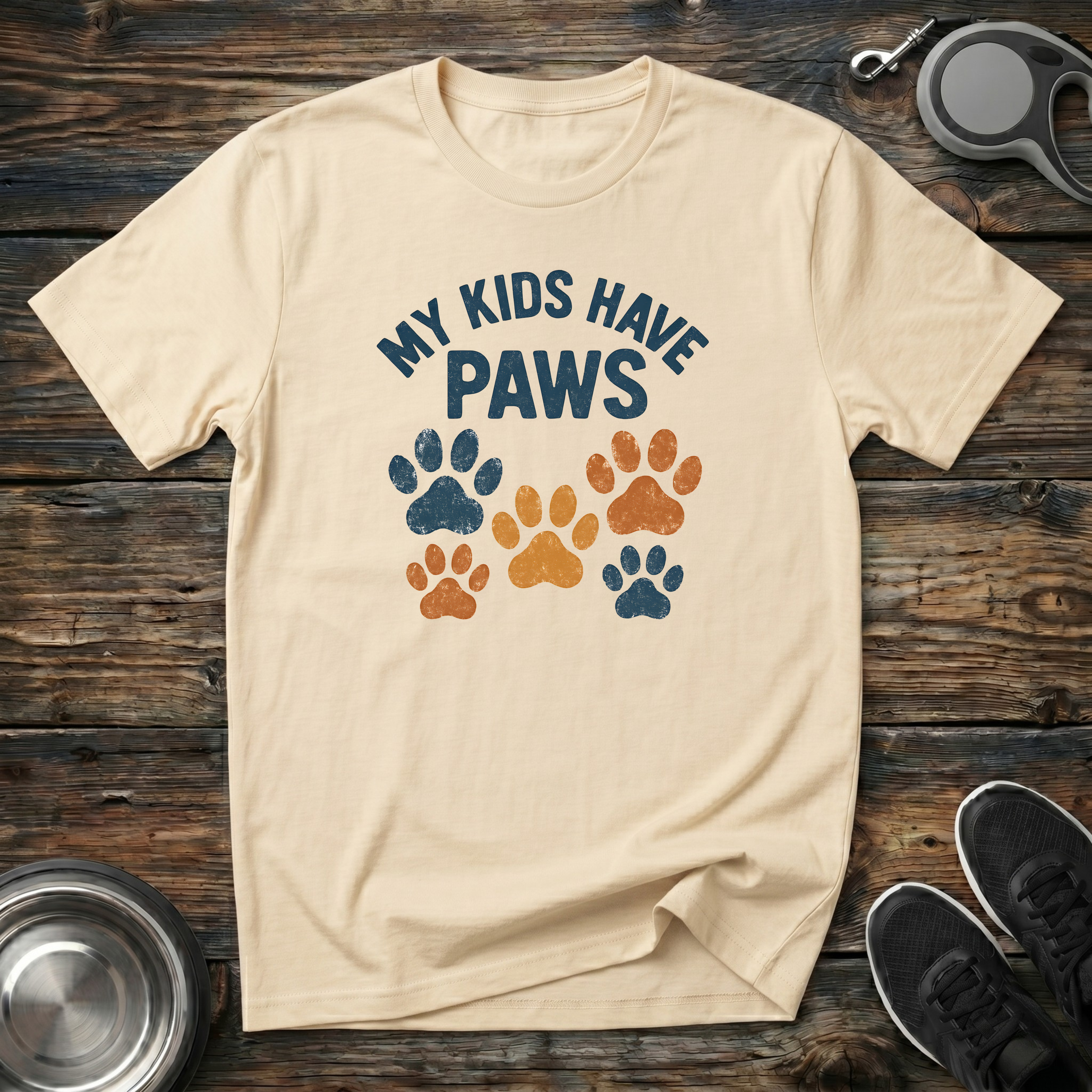 Cream unisex t-shirt with retro arched "My Kids Have Paws" lettering and distressed multicolor navy, orange and gold paw print graphic — funny dog mom and pet parent gift tee