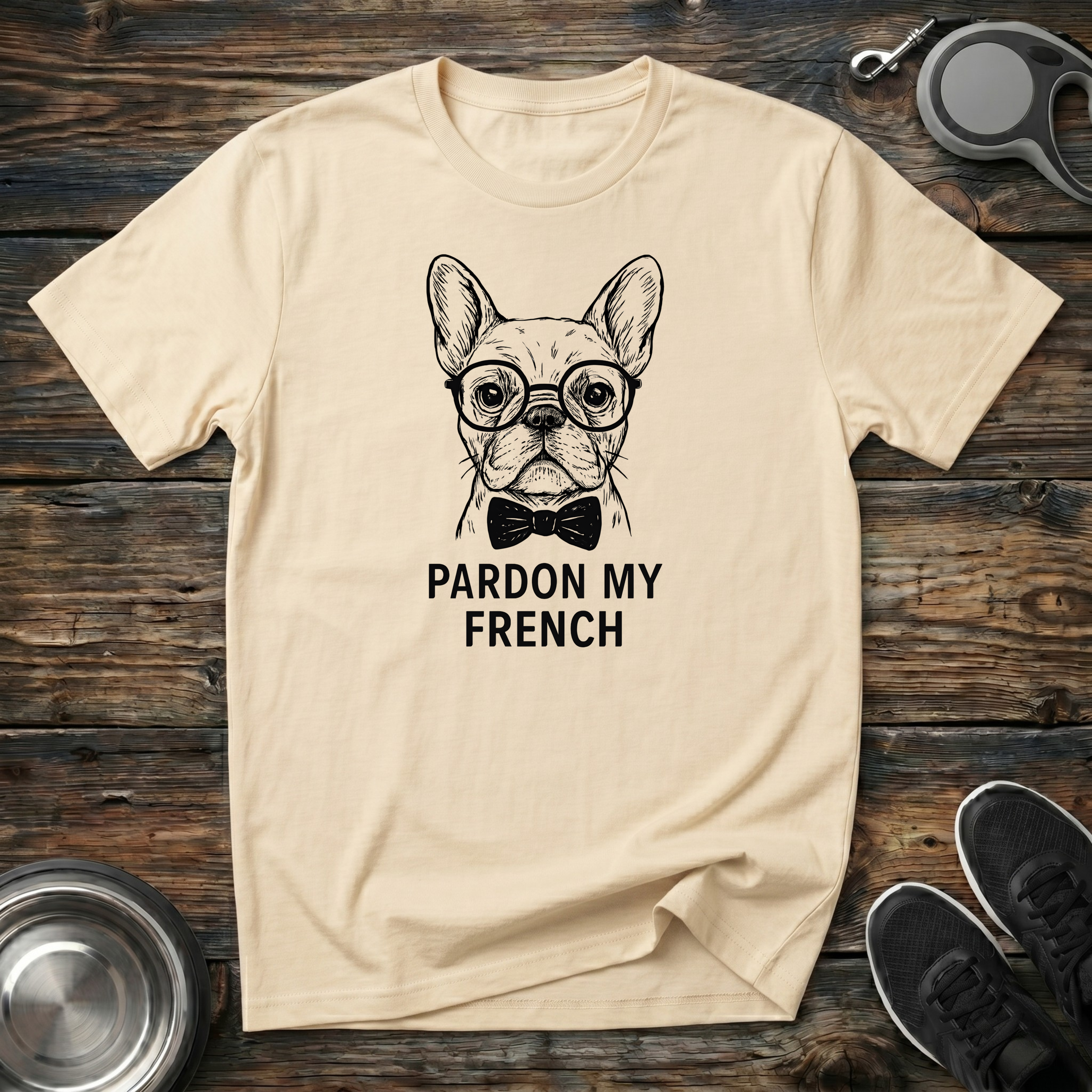 Cream unisex t-shirt with detailed hand-drawn French Bulldog wearing glasses and bow tie graphic and bold "Pardon My French" lettering — funny Frenchie lover gift tee