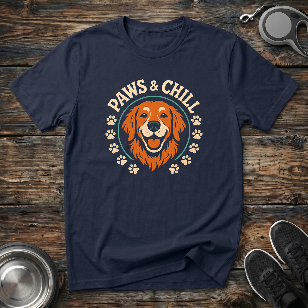 Navy blue unisex t-shirt with detailed Golden Retriever portrait inside a vintage circular badge with paw prints and arched "Paws & Chill" lettering — Golden Retriever lover gift tee