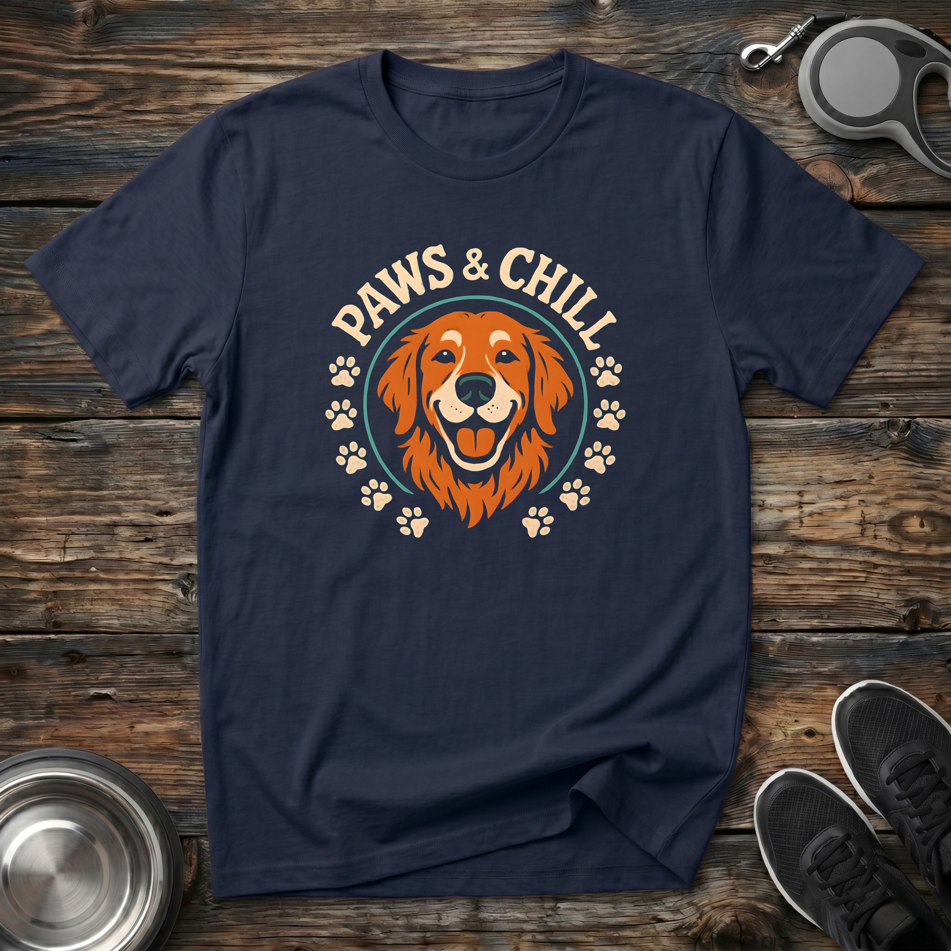 Navy blue unisex t-shirt with detailed Golden Retriever portrait inside a vintage circular badge with paw prints and arched "Paws & Chill" lettering — Golden Retriever lover gift tee