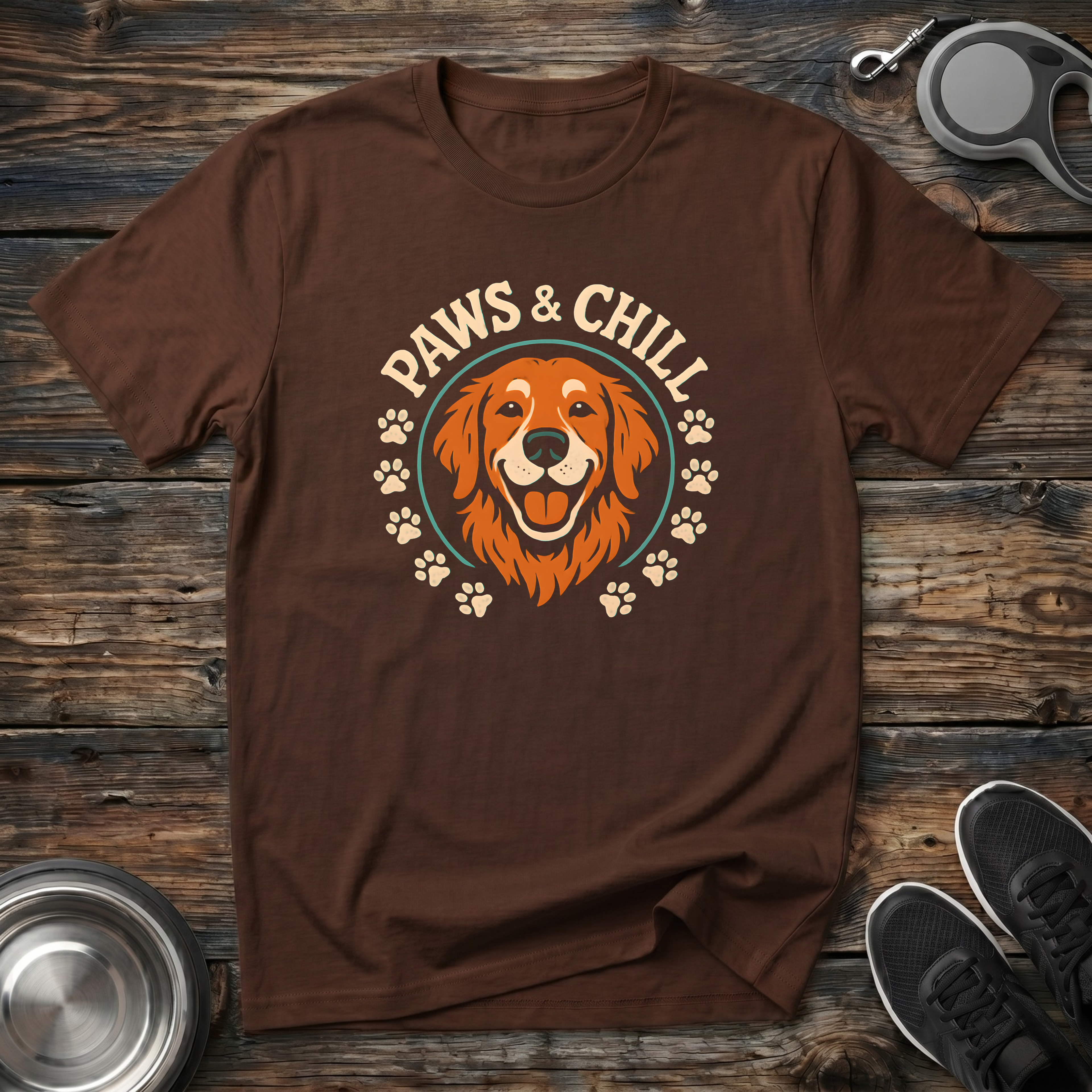 Paws & Chill Golden Retriever T-Shirt – Vintage Badge Graphic Tee for Dog Lovers & Golden Retriever Owners