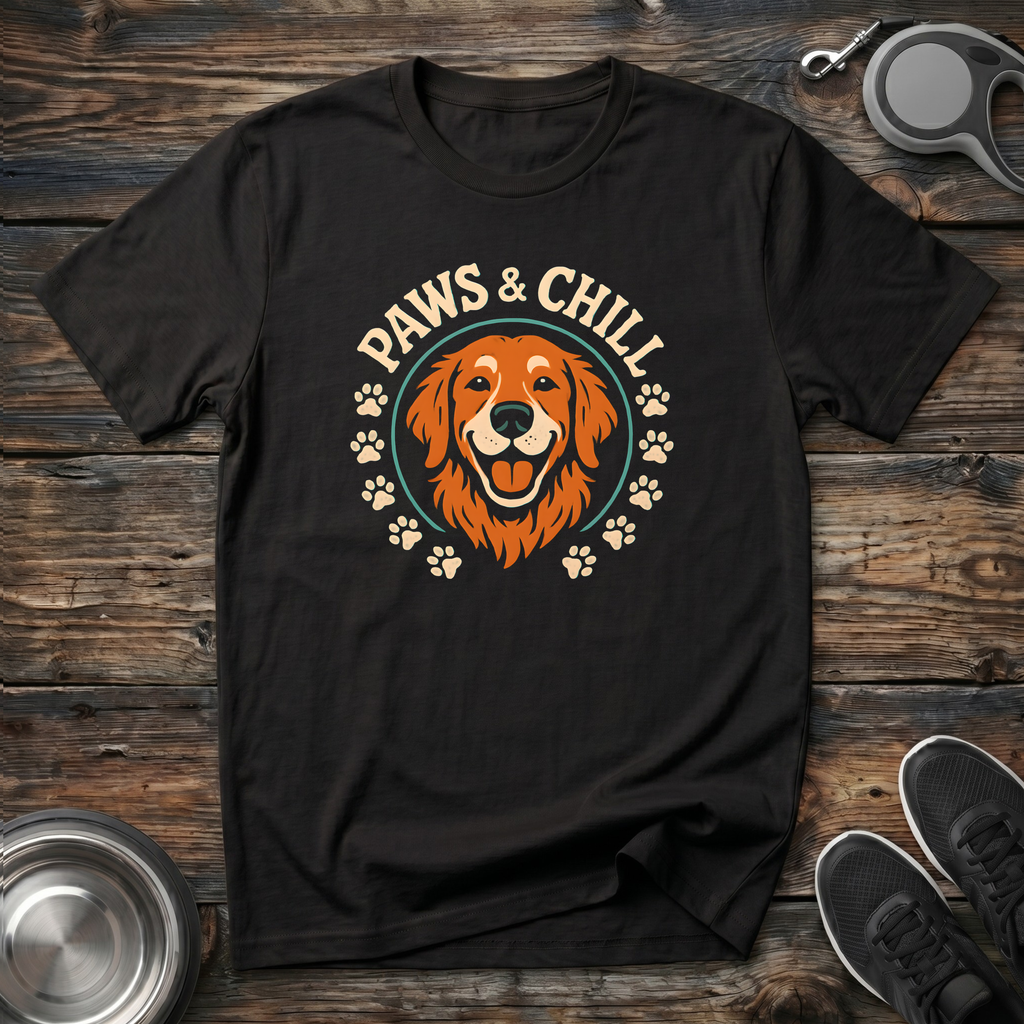Paws & Chill Golden Retriever T-Shirt – Vintage Badge Graphic Tee for Dog Lovers & Golden Retriever Owners