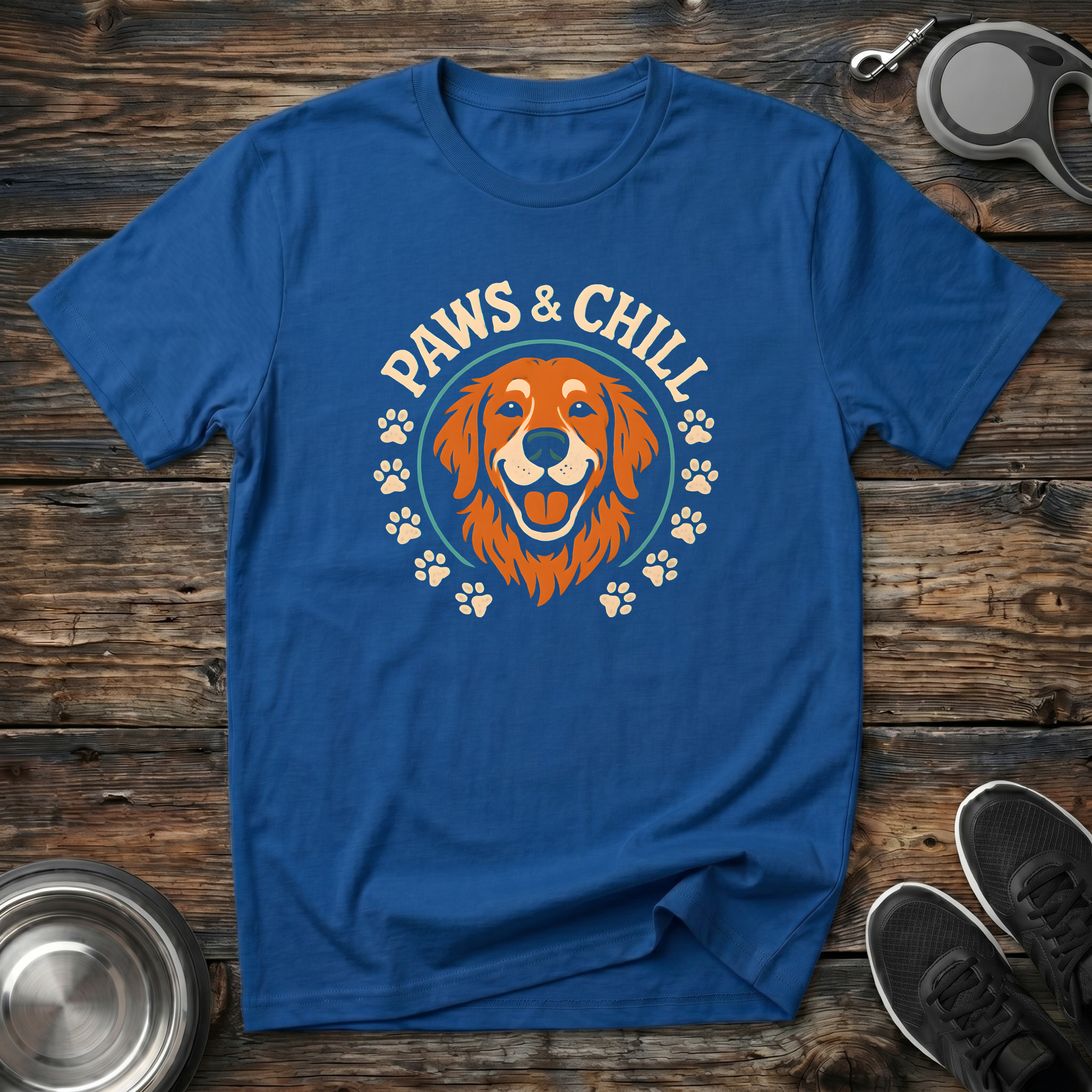 Paws & Chill Golden Retriever T-Shirt – Vintage Badge Graphic Tee for Dog Lovers & Golden Retriever Owners