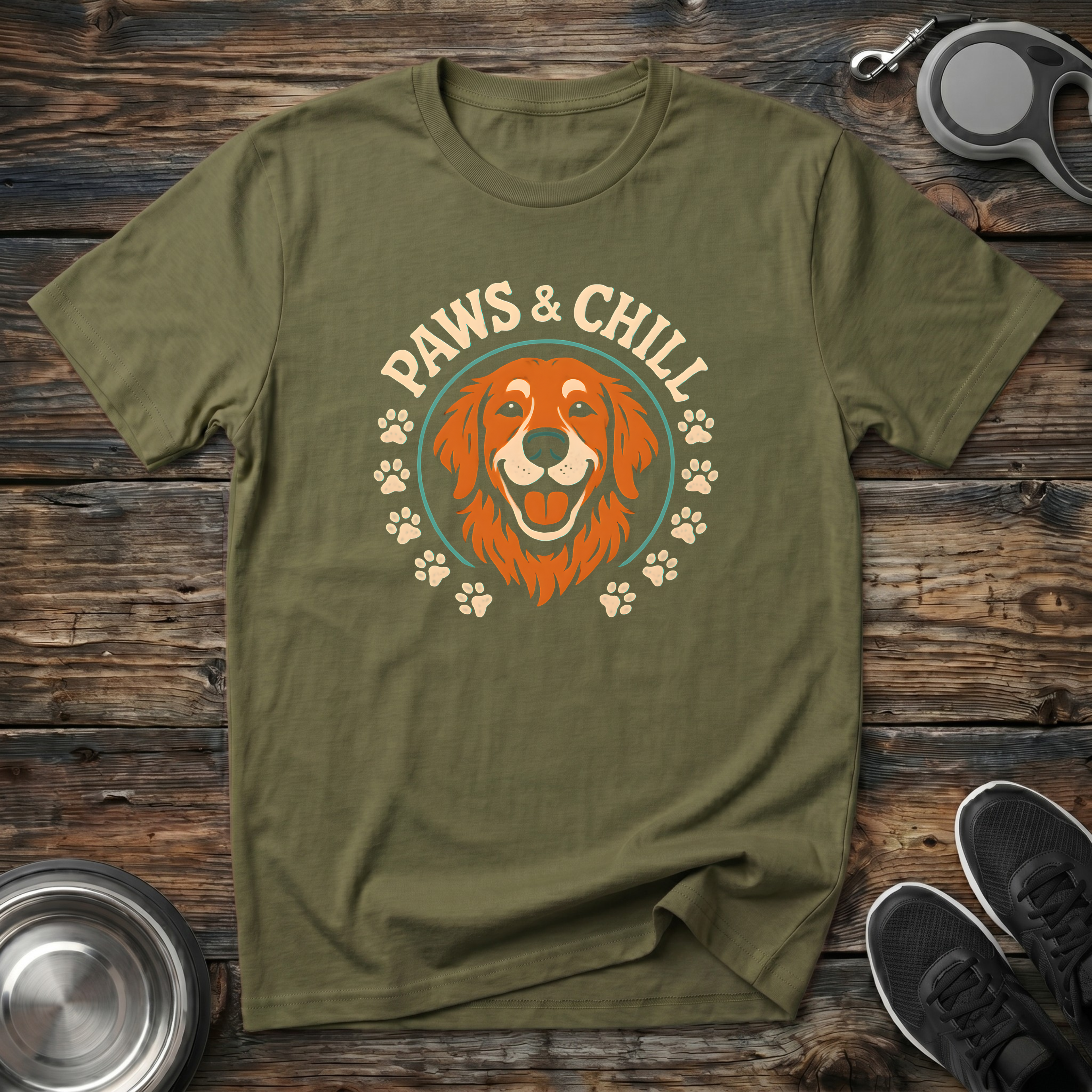 Paws & Chill Golden Retriever T-Shirt – Vintage Badge Graphic Tee for Dog Lovers & Golden Retriever Owners