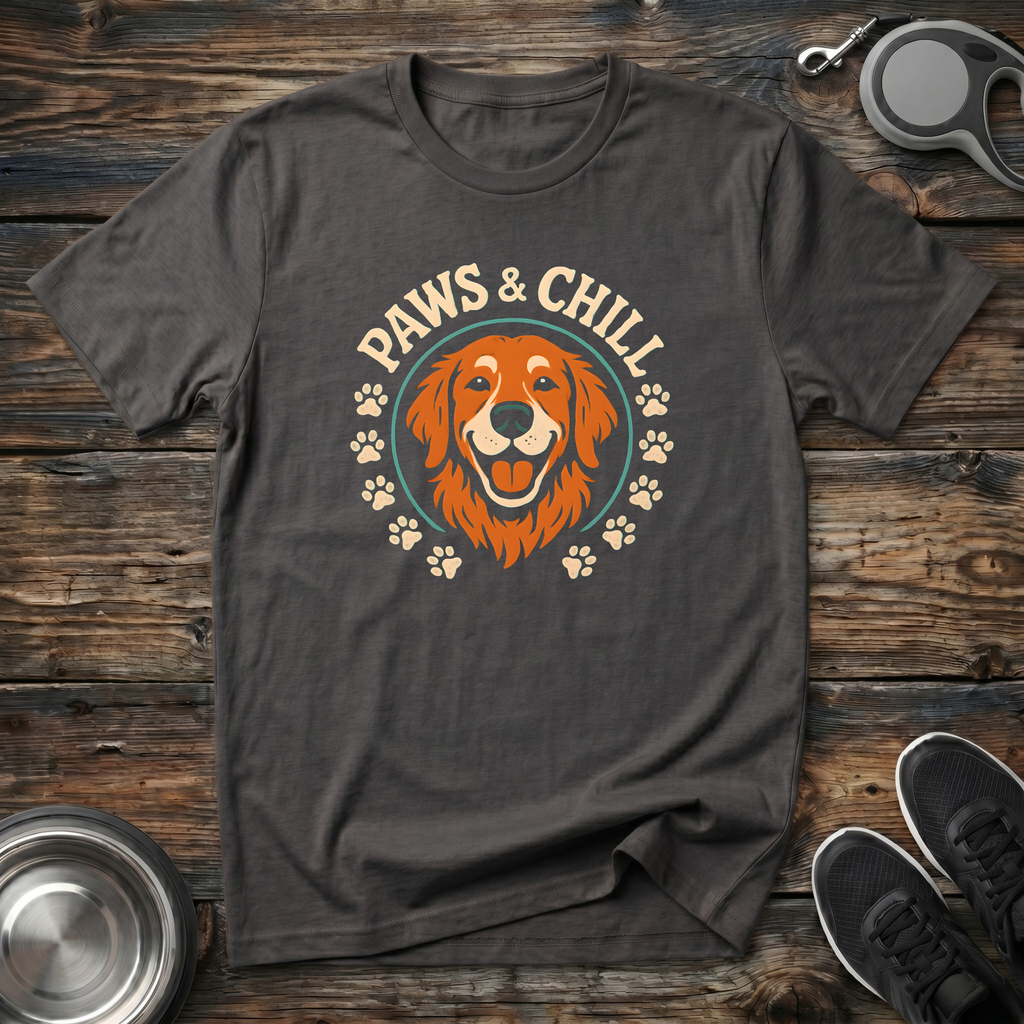 Paws & Chill Golden Retriever T-Shirt – Vintage Badge Graphic Tee for Dog Lovers & Golden Retriever Owners