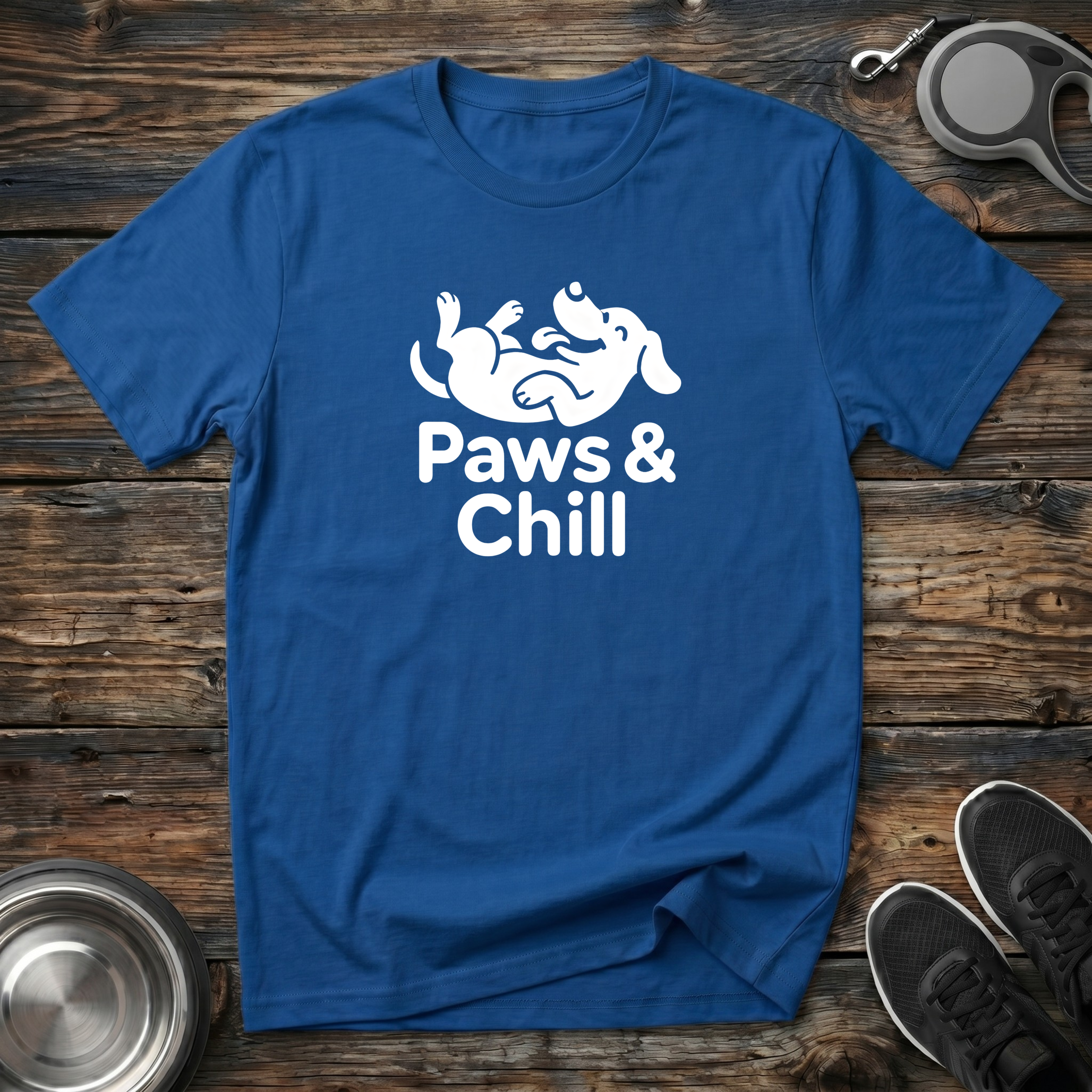 Bold royal blue unisex t-shirt with white rolling dog illustration and "Paws & Chill" lettering — funny dog lover gift tee for pet parents and dog moms