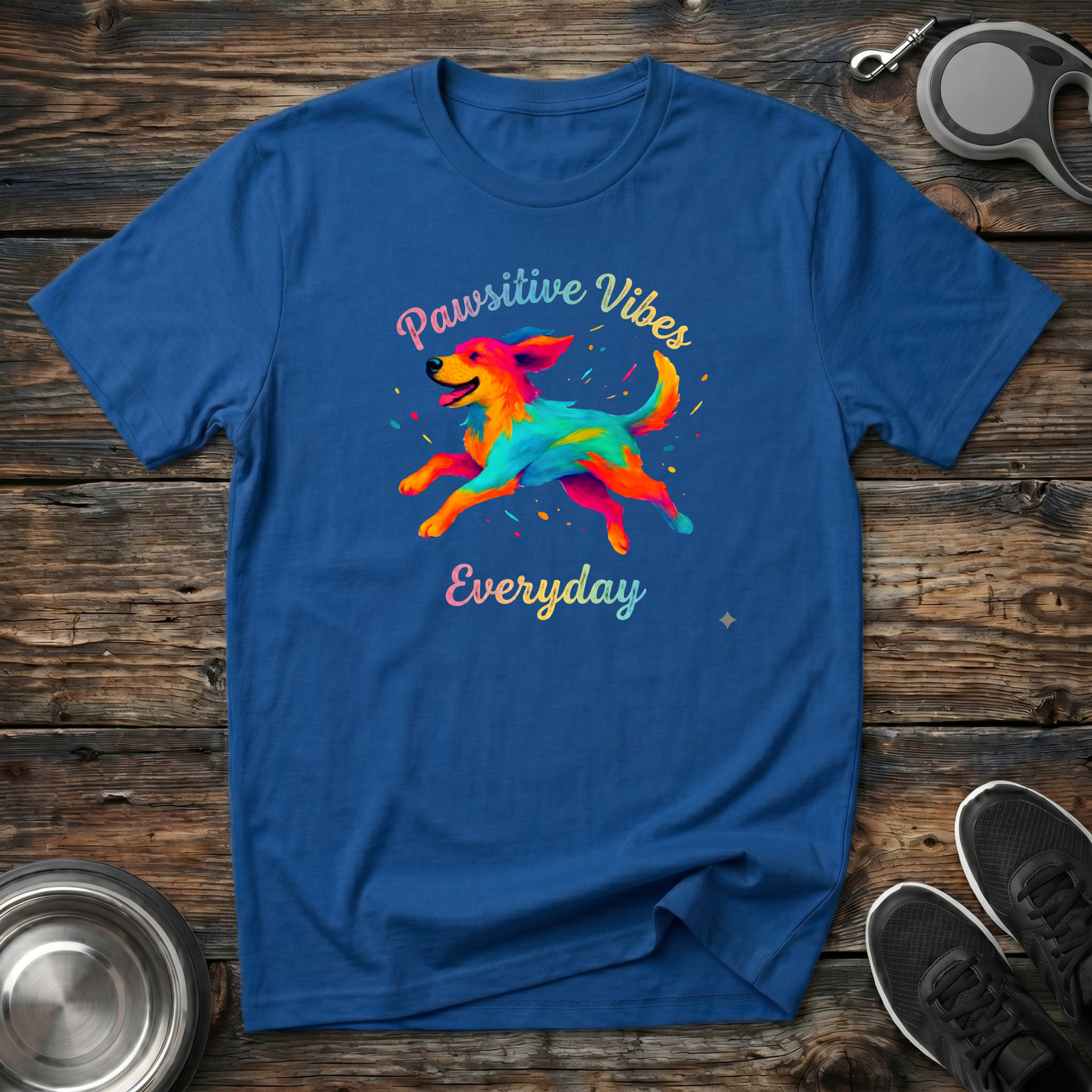 Royal blue unisex t-shirt with vivid watercolor-style leaping dog graphic in orange, teal, yellow and pink with multicolor "Pawsitive Vibes Everyday" script lettering — colorful joyful dog lover gift tee