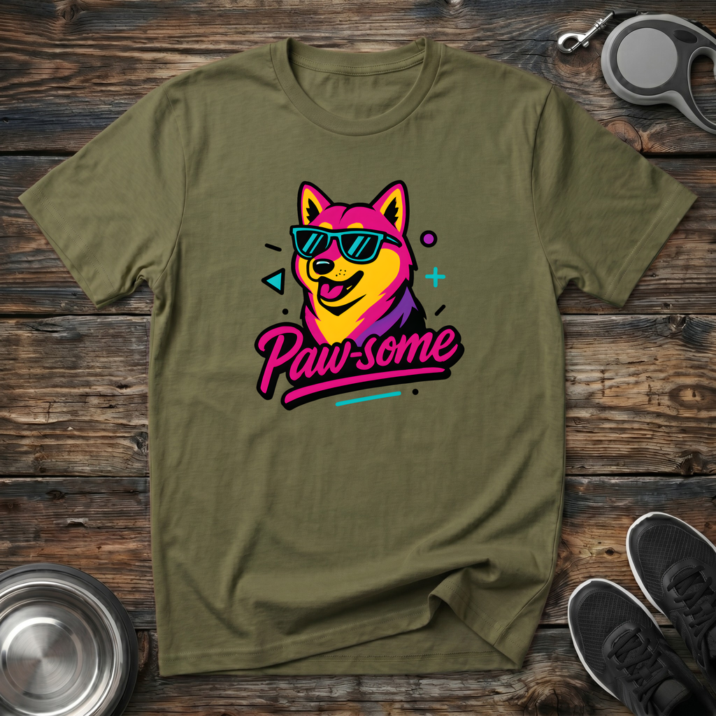 Military green unisex t-shirt with bold colorful retro dog wearing sunglasses graphic in hot pink, yellow and purple with neon "Paw-some" brush script — vibrant 80s style dog lover gift tee