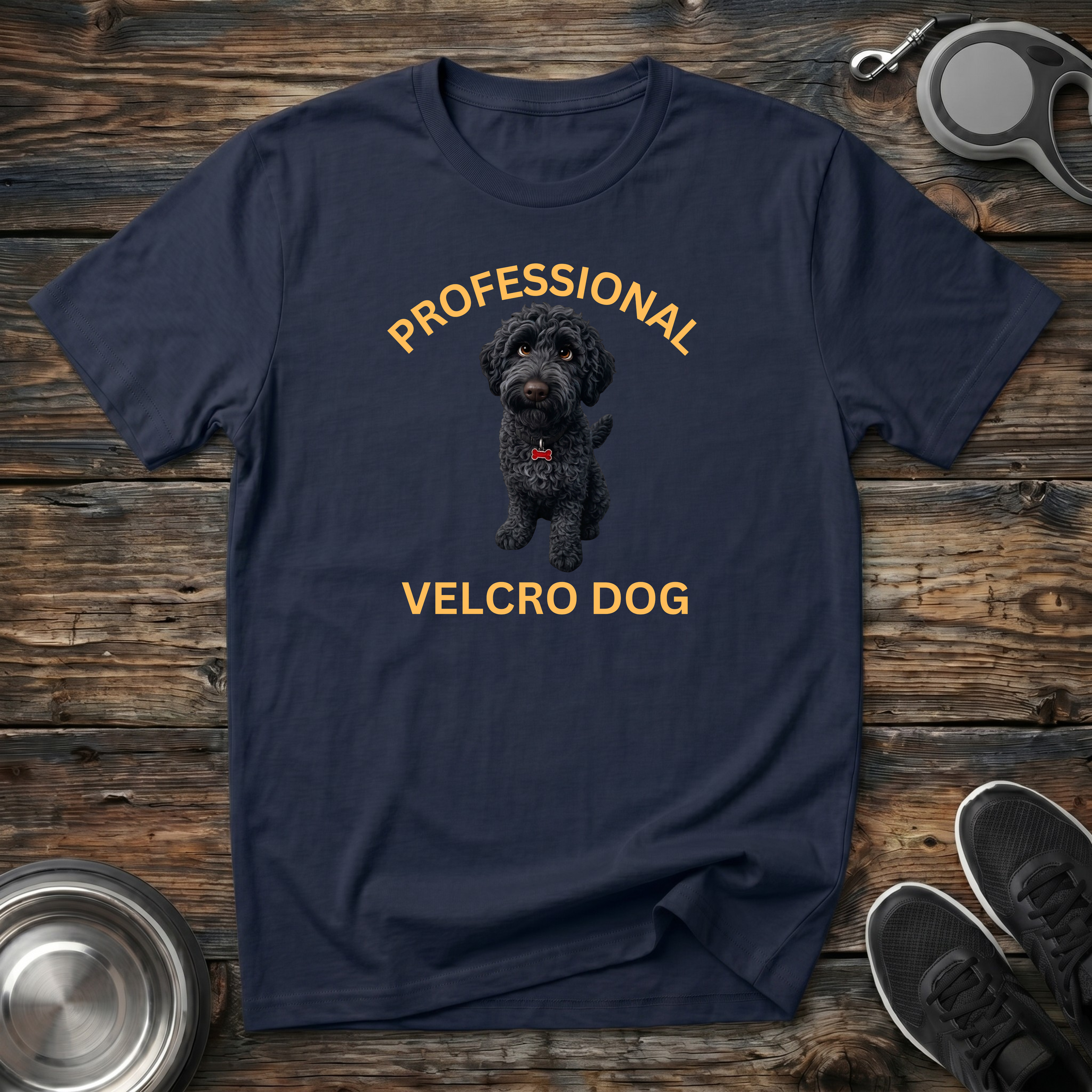 Professional Velcro Dog navy t-shirt with stunning realistic
black doodle portrait with bold gold arched lettering,
funny black doodle lover tee and doodle mom dad gift
