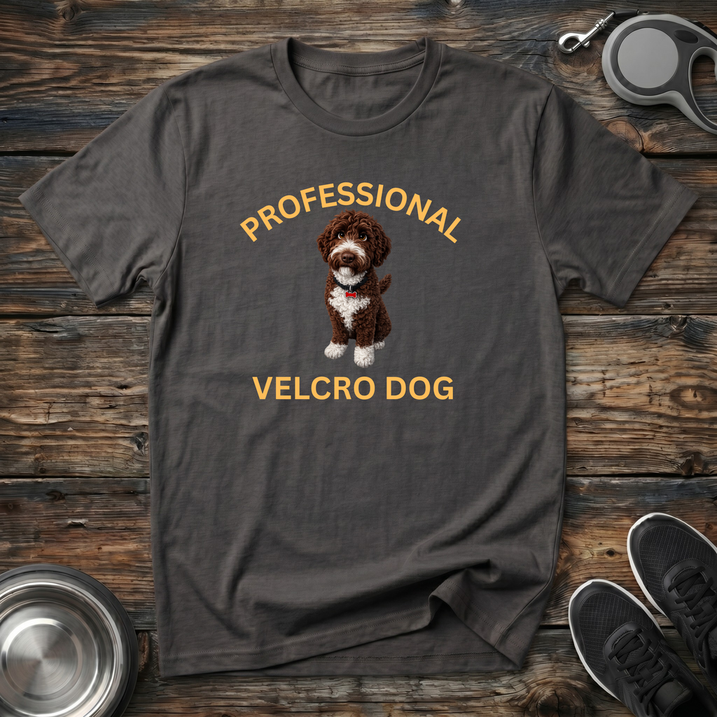 Professional Velcro Dog charcoal t-shirt with stunning realistic
chocolate brown and white doodle portrait with bold gold
arched lettering, funny chocolate doodle lover tee and gift