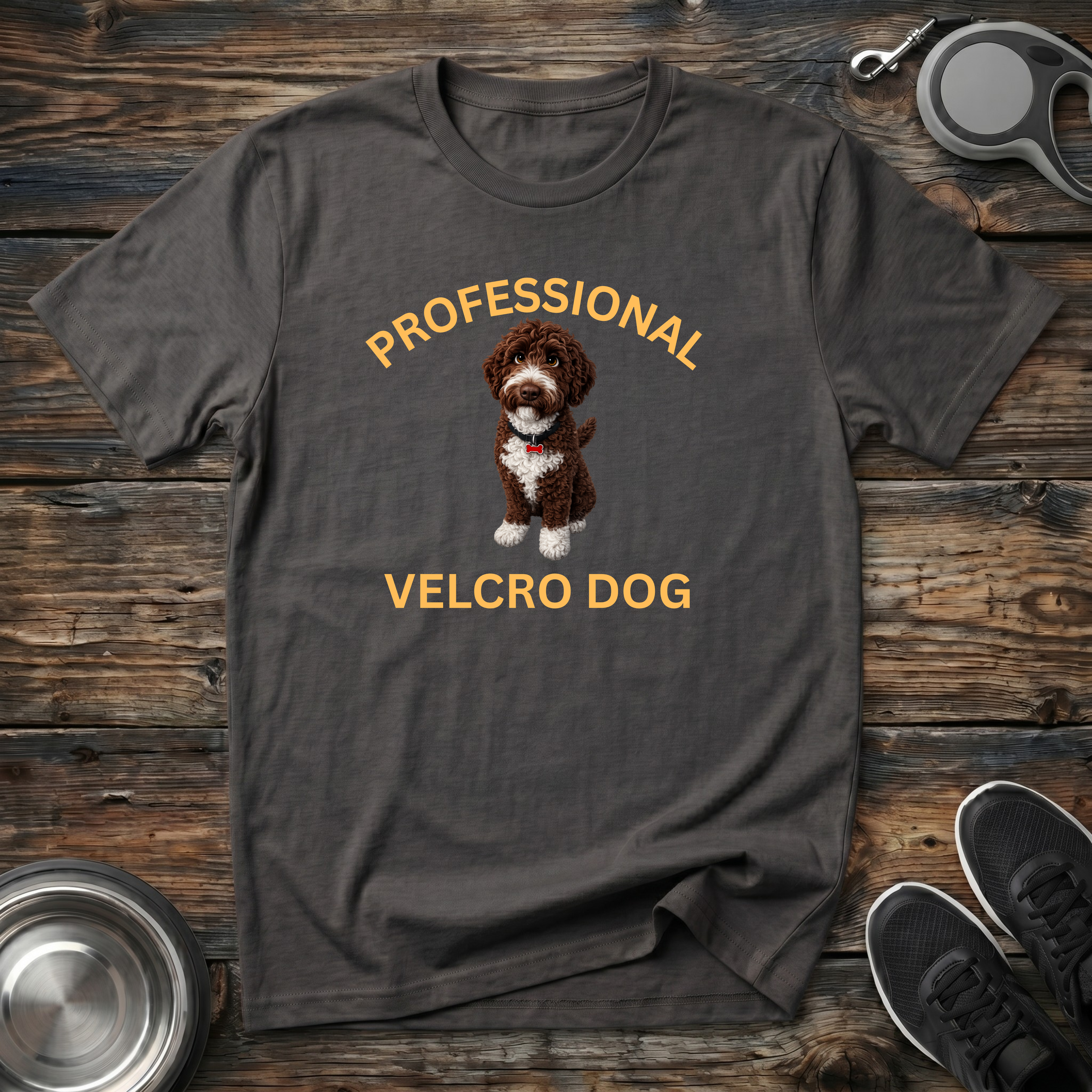 Professional Velcro Dog charcoal t-shirt with stunning realistic
chocolate brown and white doodle portrait with bold gold
arched lettering, funny chocolate doodle lover tee and gift