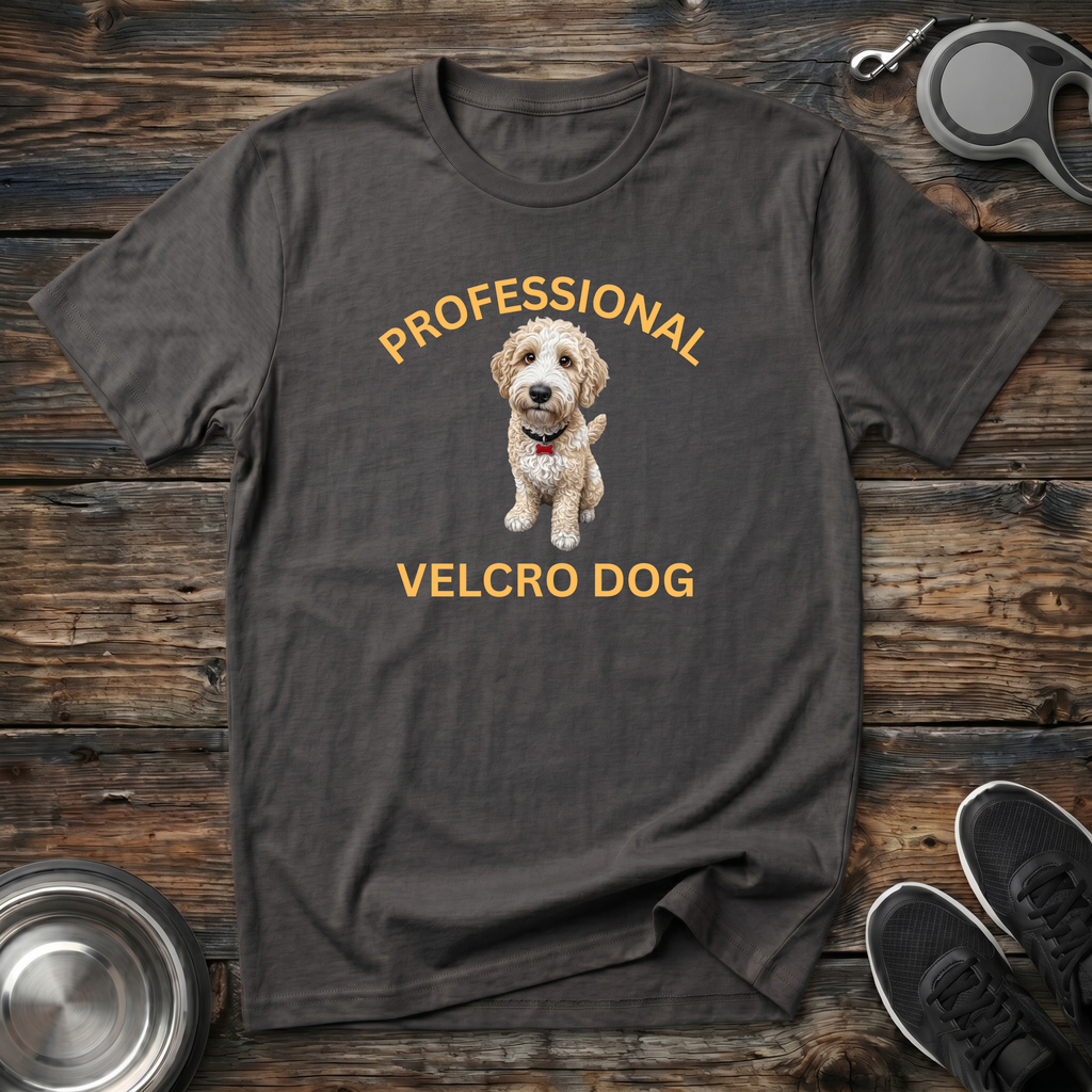 Professional Velcro Dog charcoal t-shirt with stunning fluffy
cream and apricot doodle puppy portrait with bold gold arched
lettering, funny cream doodle lover tee and doodle mom dad gift
