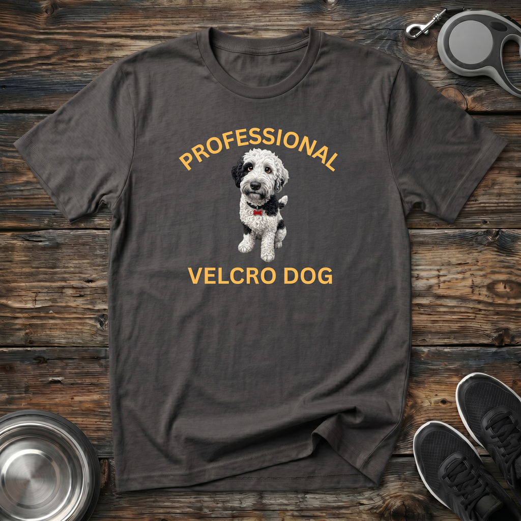 Professional Velcro Dog charcoal t-shirt with stunning realistic
parti doodle portrait in black and white patches with bold
gold arched lettering, funny parti doodle lover tee and gift