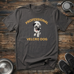 Professional Velcro Dog charcoal t-shirt with stunning realistic
parti doodle portrait in black and white patches with bold
gold arched lettering, funny parti doodle lover tee and gift