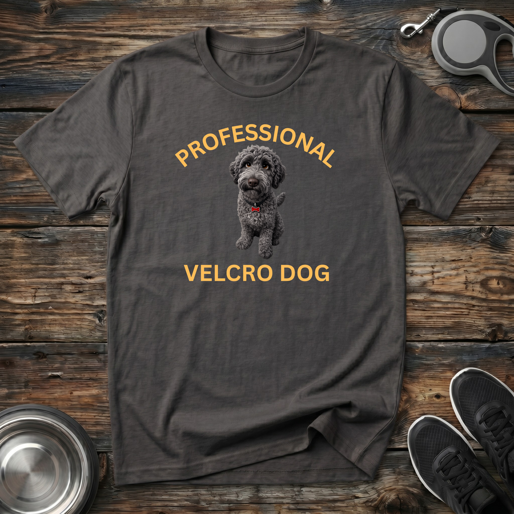 Professional Velcro Dog charcoal t-shirt with stunning realistic
grey doodle portrait and bold gold arched lettering,
funny grey silver doodle lover tee and doodle mom dad gift