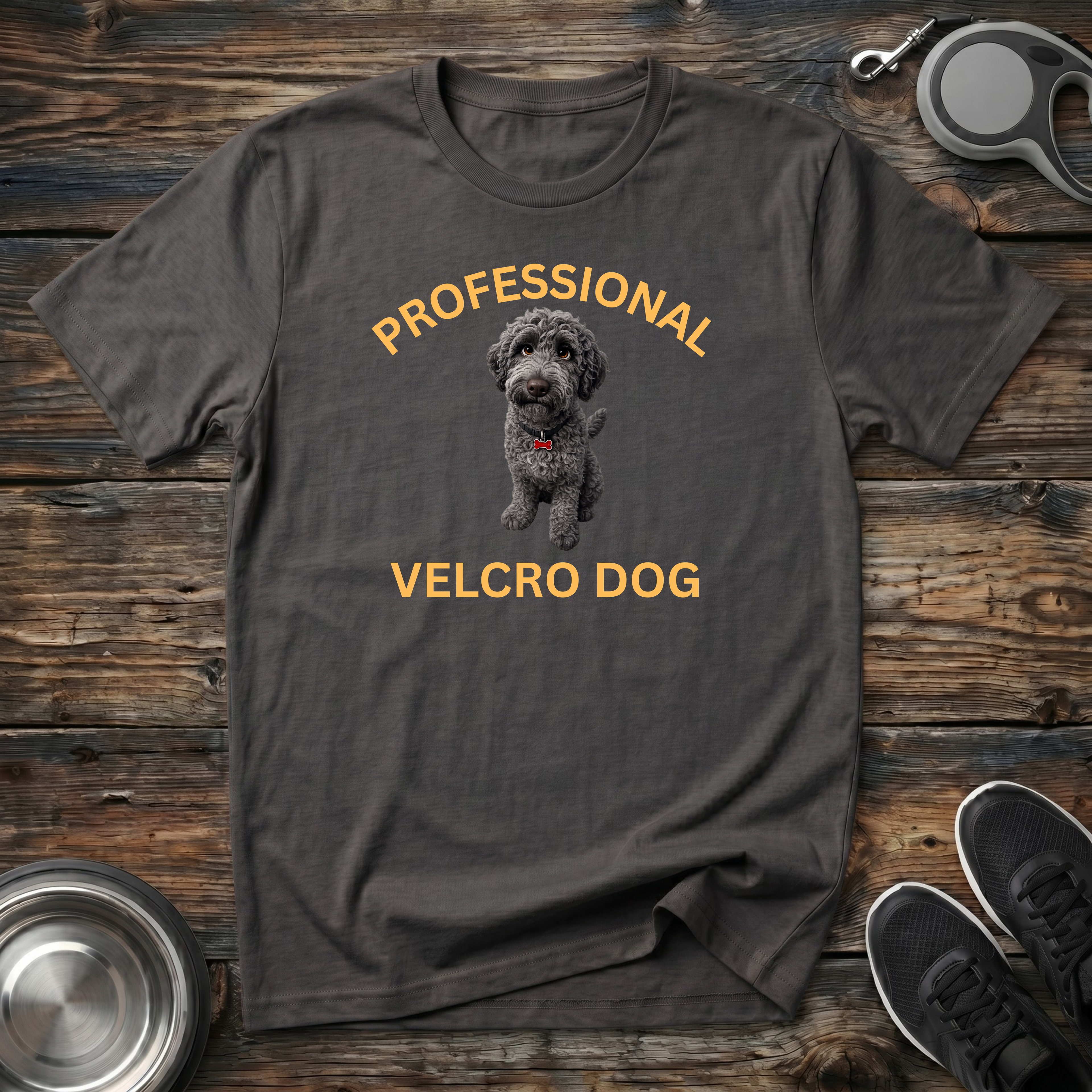 Professional Velcro Dog charcoal t-shirt with stunning realistic
grey doodle portrait and bold gold arched lettering,
funny grey silver doodle lover tee and doodle mom dad gift