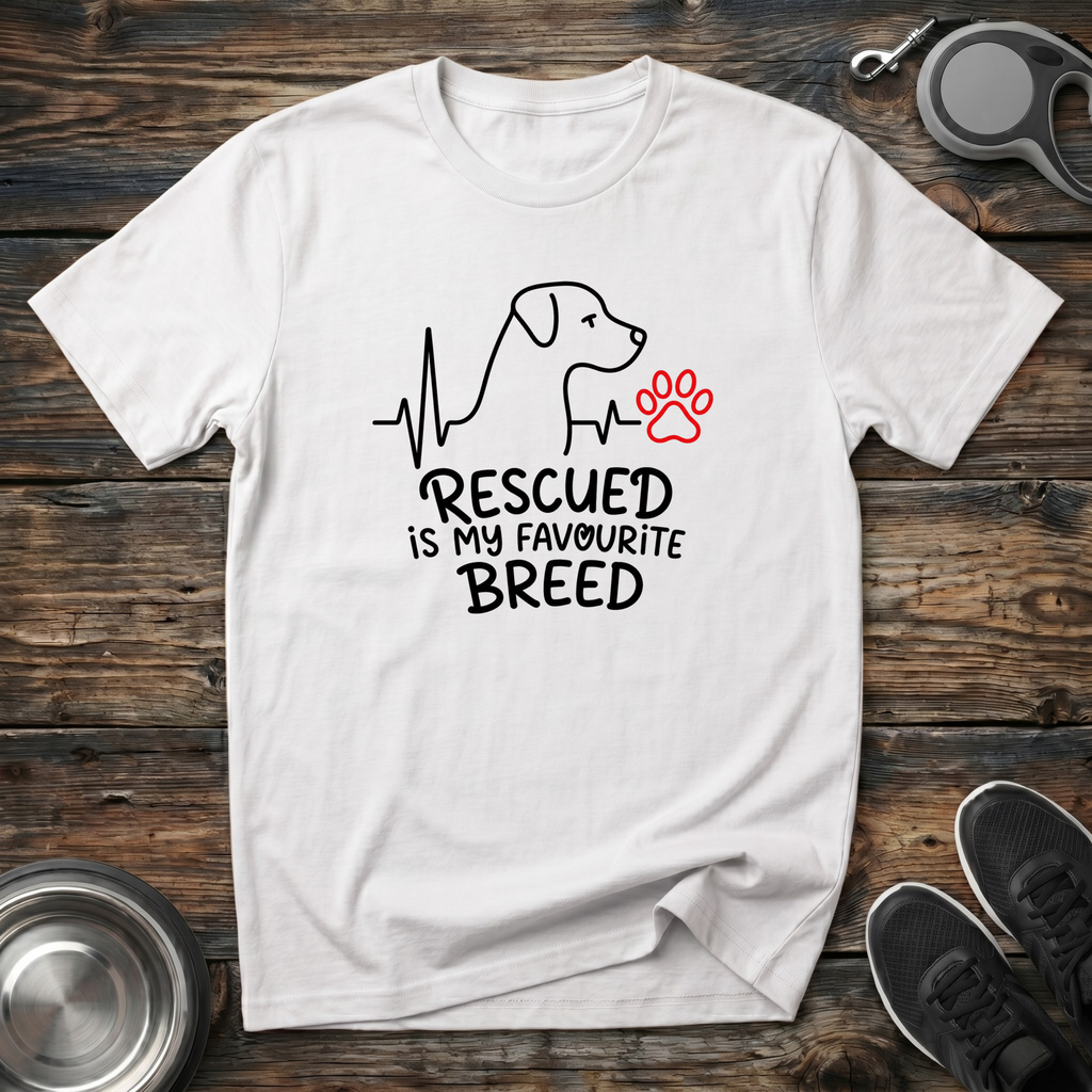 Rescued is My Favourite Breed white t-shirt with beautiful
minimal heartbeat dog silhouette line art and red paw print accent,
rescue dog lover tee and adopt don't shop gift
