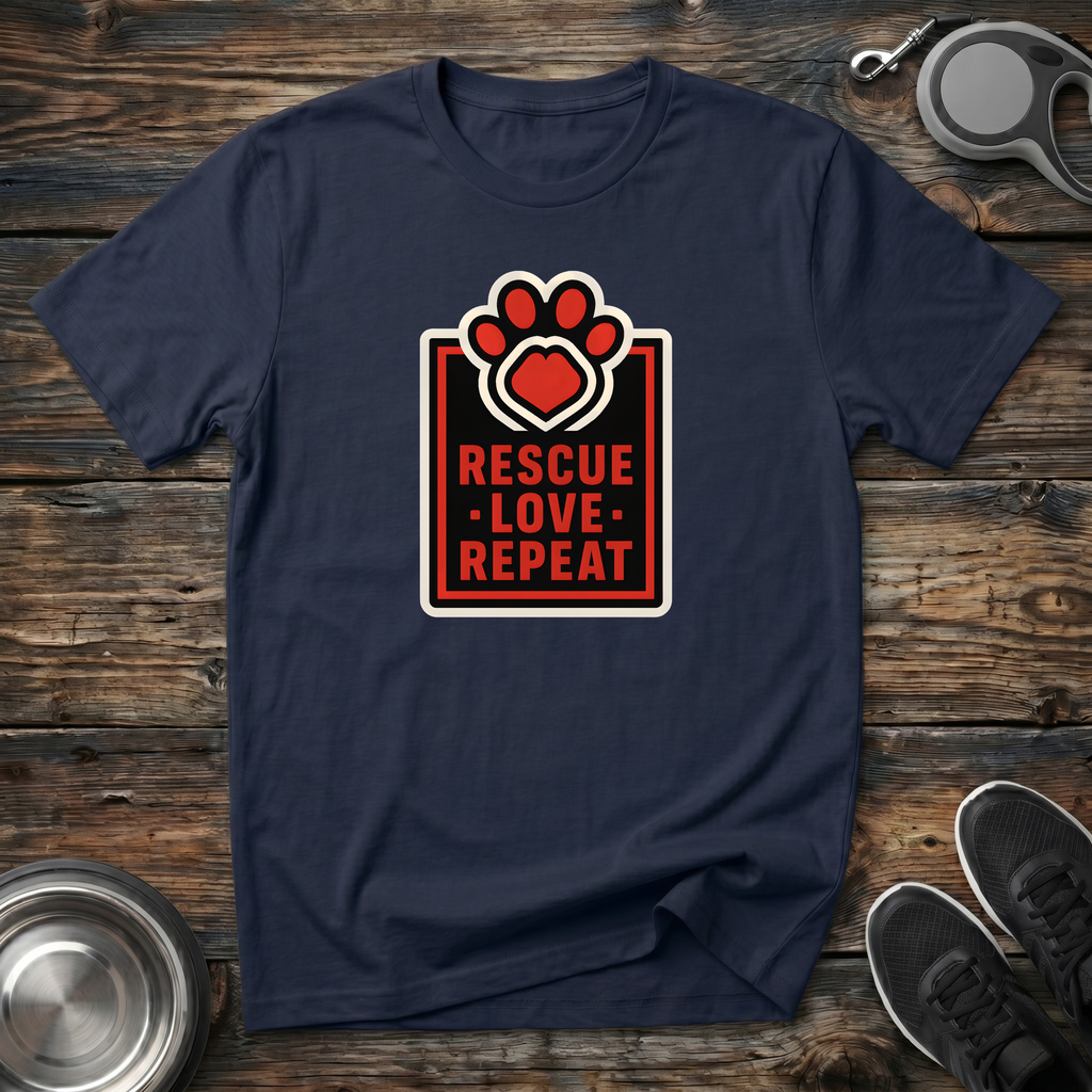Navy blue unisex t-shirt with bold red white and black badge graphic featuring a paw print with heart center and "Rescue Love Repeat" block lettering — animal rescue advocate dog lover gift tee