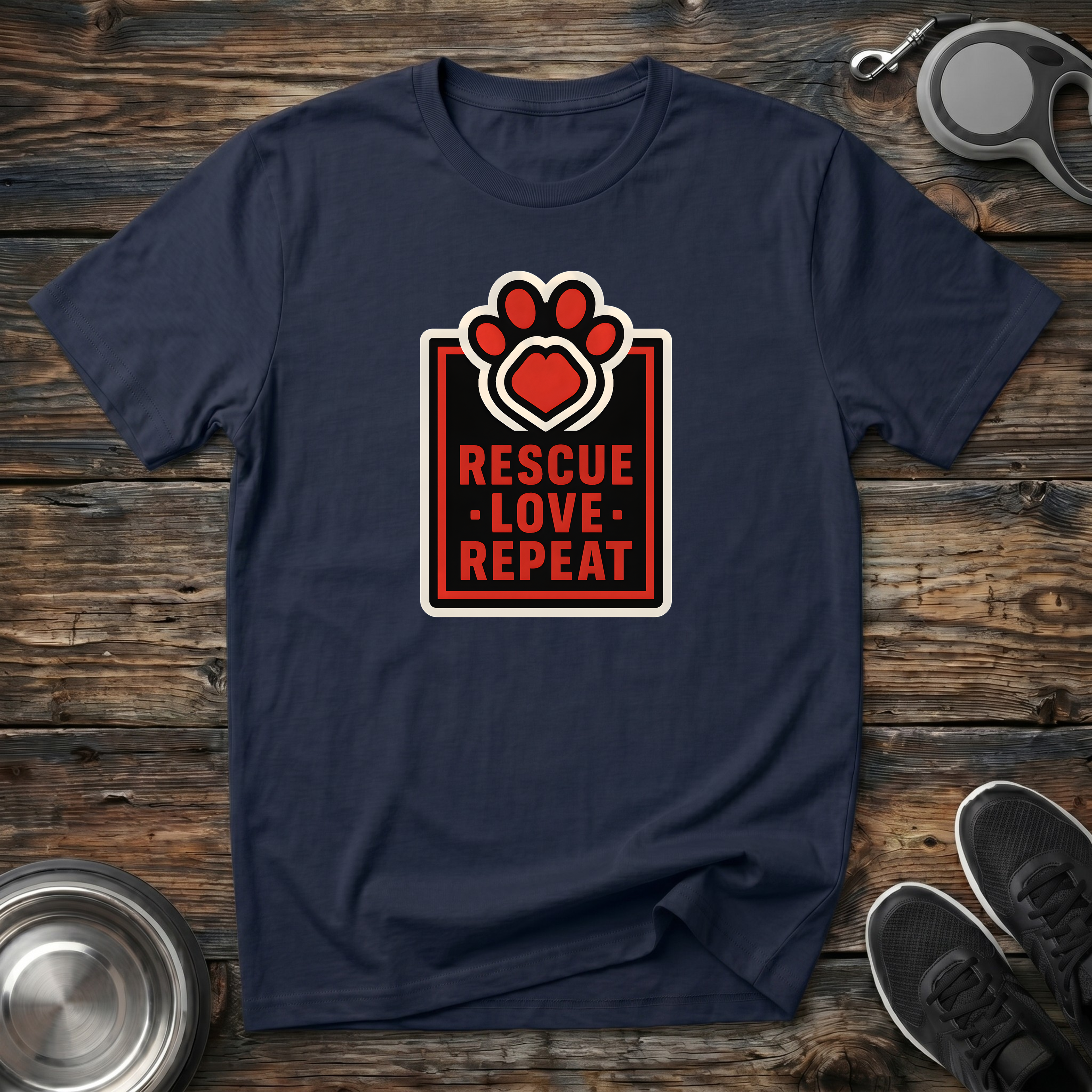 Navy blue unisex t-shirt with bold red white and black badge graphic featuring a paw print with heart center and "Rescue Love Repeat" block lettering — animal rescue advocate dog lover gift tee