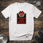 Rescue Love Repeat Dog Rescue T-Shirt – Bold Paw Heart Badge Graphic Tee for Animal Rescue Advocates & Dog Lovers