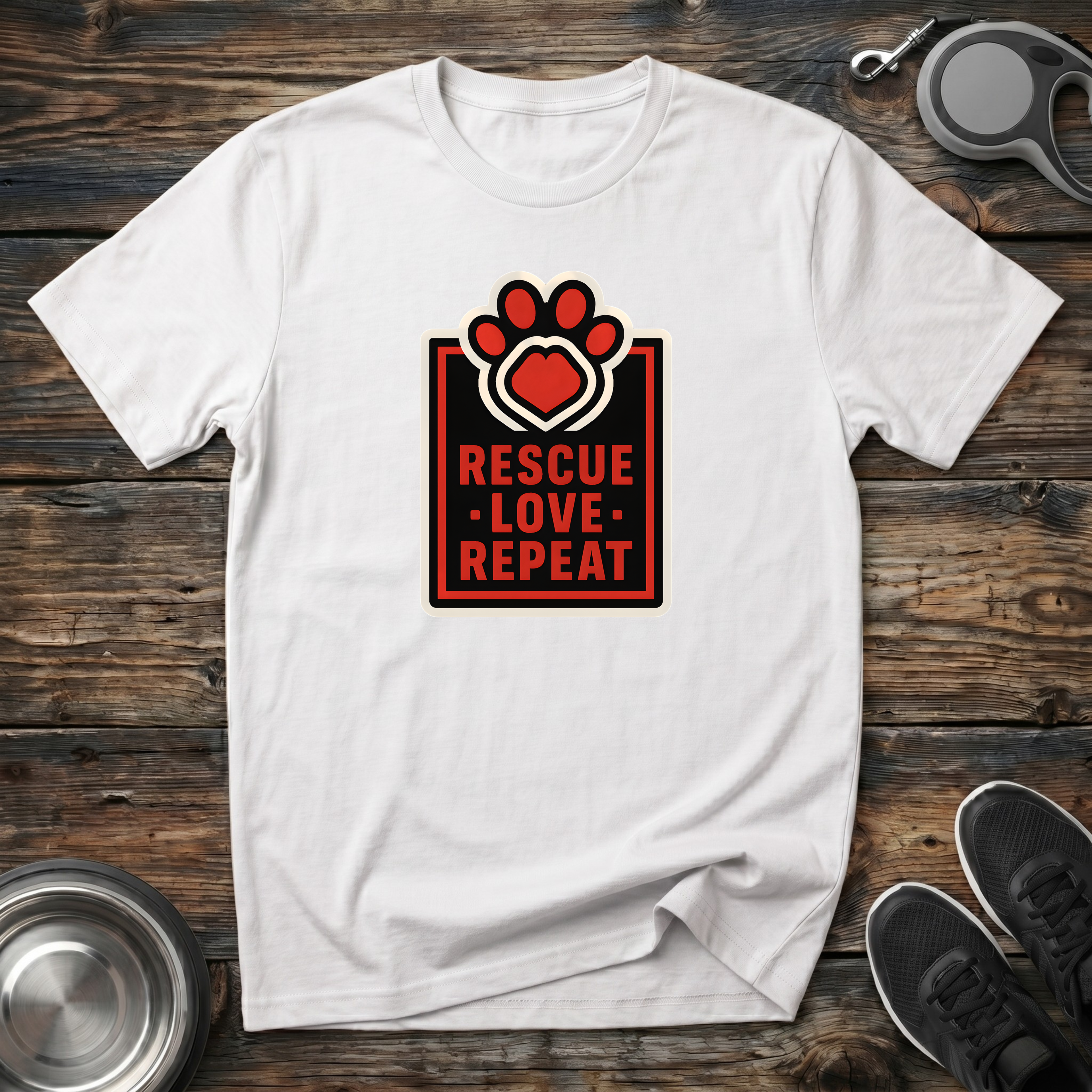 Rescue Love Repeat Dog Rescue T-Shirt – Bold Paw Heart Badge Graphic Tee for Animal Rescue Advocates & Dog Lovers