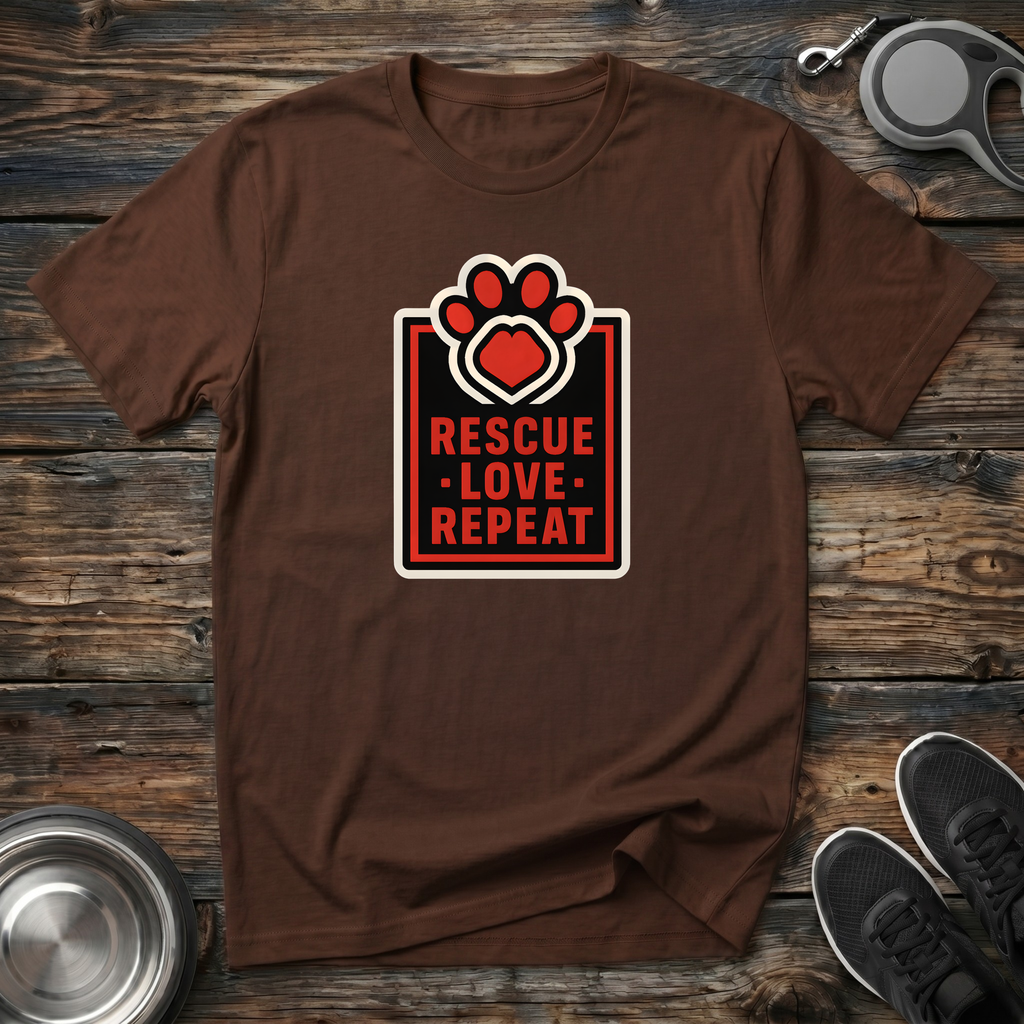 Rescue Love Repeat Dog Rescue T-Shirt – Bold Paw Heart Badge Graphic Tee for Animal Rescue Advocates & Dog Lovers
