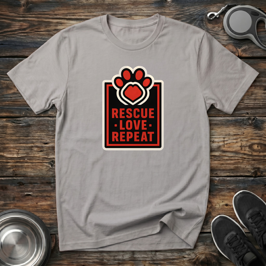 Rescue Love Repeat Dog Rescue T-Shirt – Bold Paw Heart Badge Graphic Tee for Animal Rescue Advocates & Dog Lovers