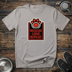 Rescue Love Repeat Dog Rescue T-Shirt – Bold Paw Heart Badge Graphic Tee for Animal Rescue Advocates & Dog Lovers