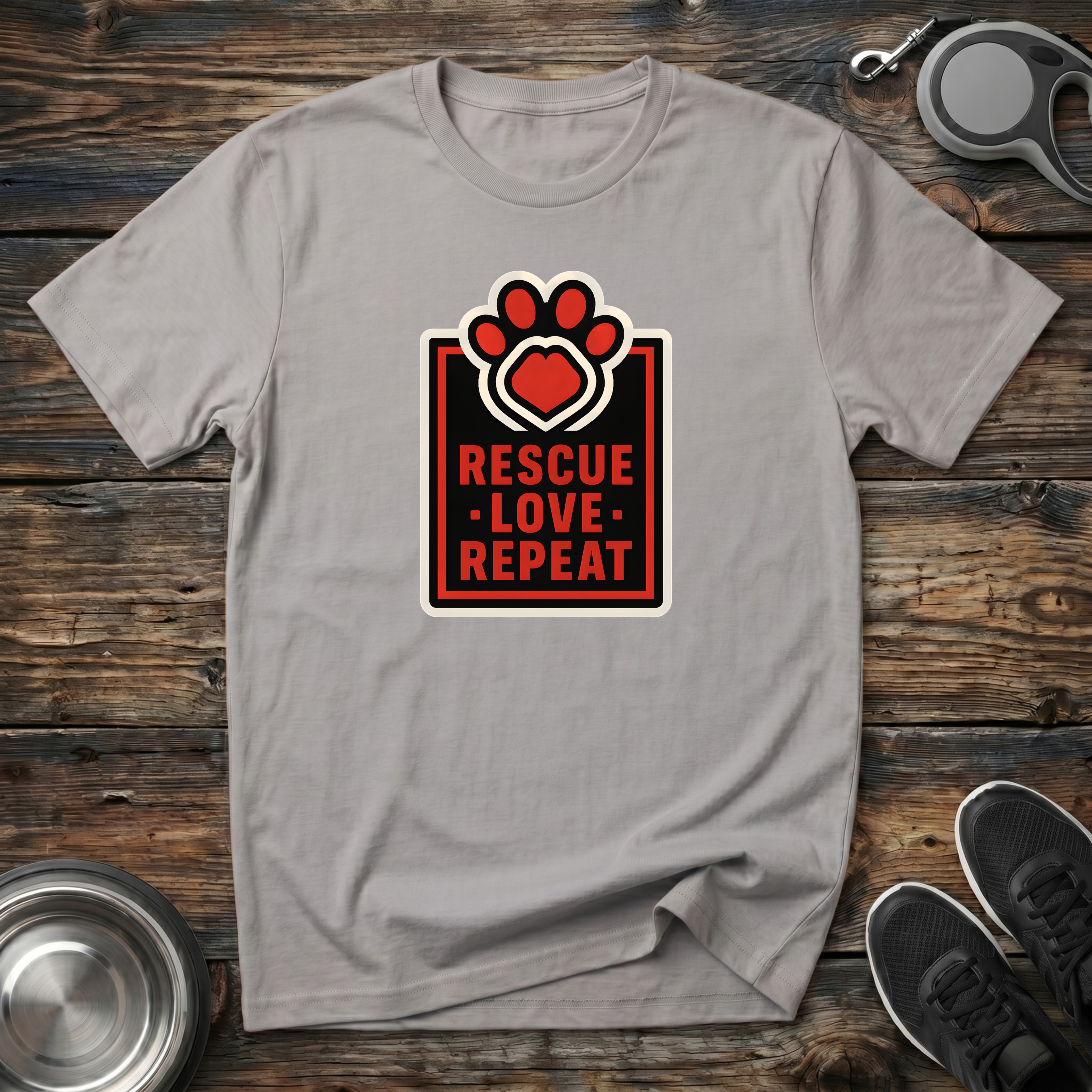 Rescue Love Repeat Dog Rescue T-Shirt – Bold Paw Heart Badge Graphic Tee for Animal Rescue Advocates & Dog Lovers