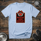 Rescue Love Repeat Dog Rescue T-Shirt – Bold Paw Heart Badge Graphic Tee for Animal Rescue Advocates & Dog Lovers