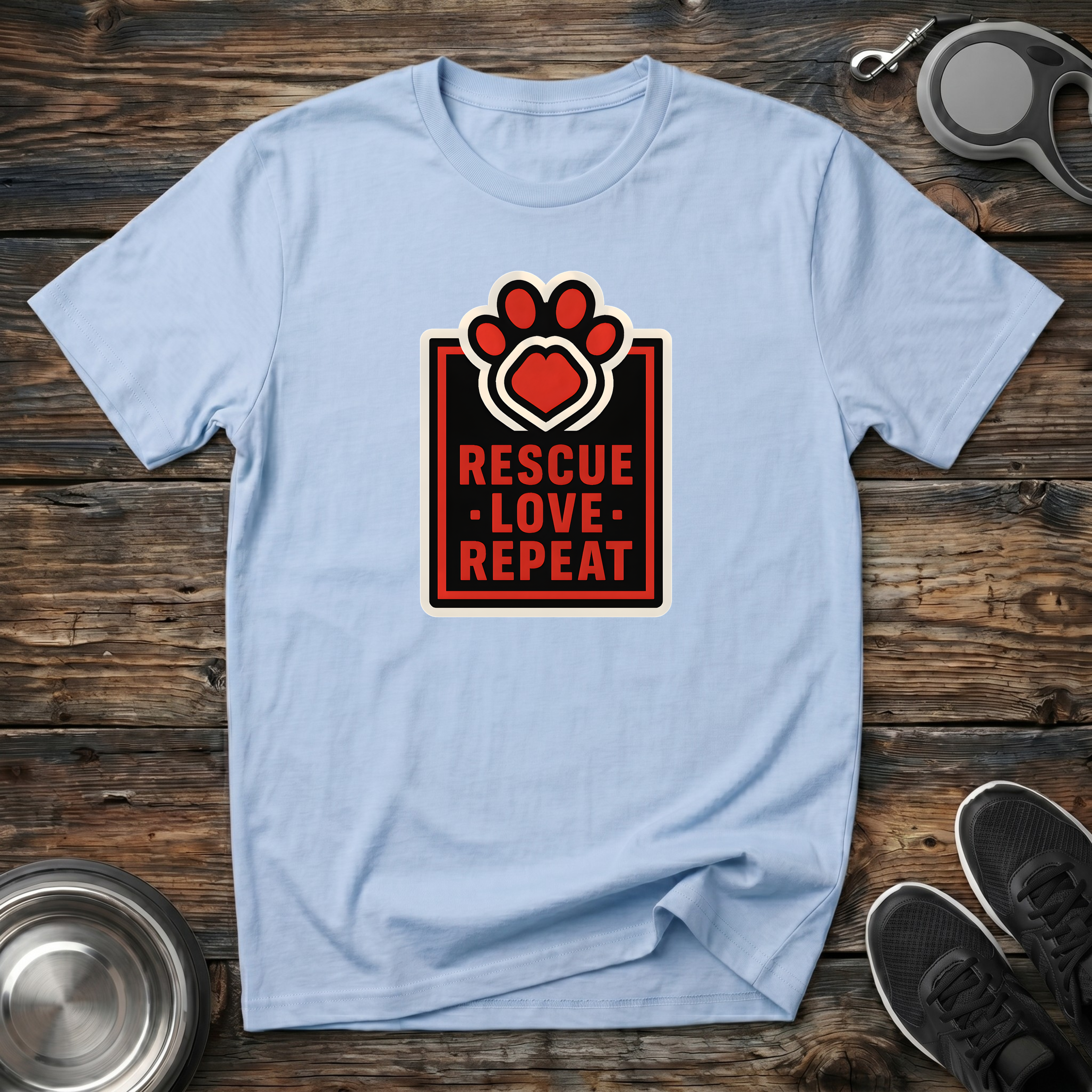 Rescue Love Repeat Dog Rescue T-Shirt – Bold Paw Heart Badge Graphic Tee for Animal Rescue Advocates & Dog Lovers