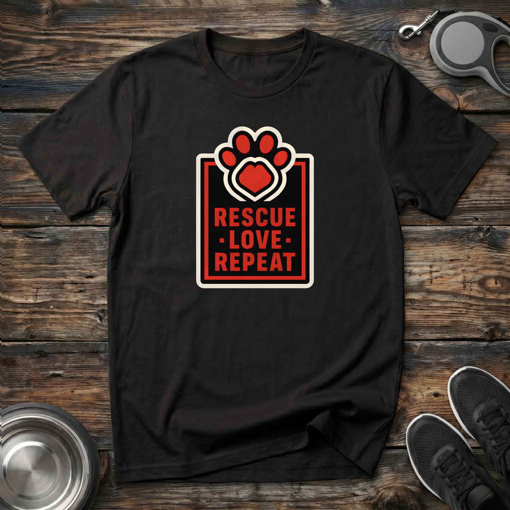 Rescue Love Repeat Dog Rescue T-Shirt – Bold Paw Heart Badge Graphic Tee for Animal Rescue Advocates & Dog Lovers