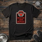 Rescue Love Repeat Dog Rescue T-Shirt – Bold Paw Heart Badge Graphic Tee for Animal Rescue Advocates & Dog Lovers