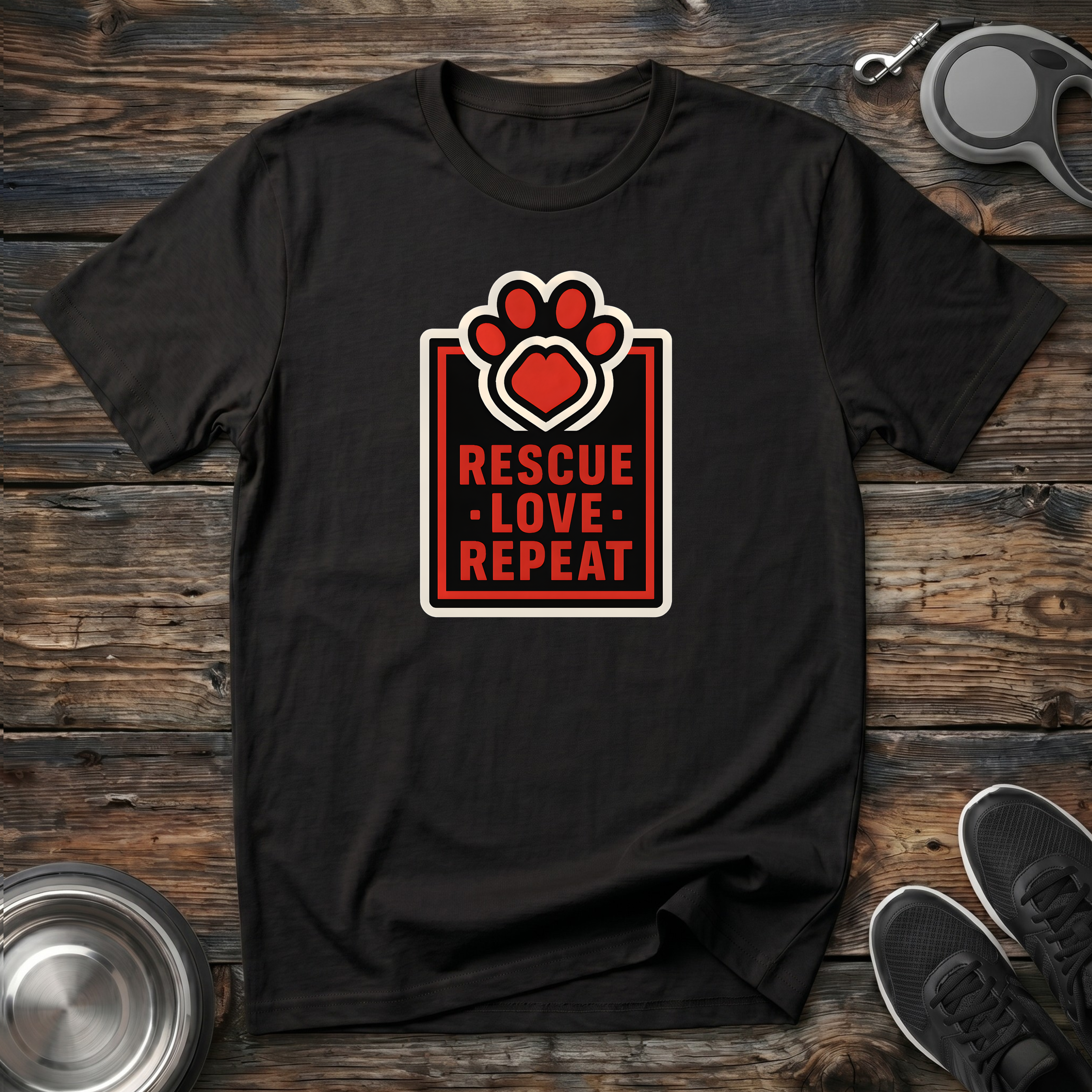 Rescue Love Repeat Dog Rescue T-Shirt – Bold Paw Heart Badge Graphic Tee for Animal Rescue Advocates & Dog Lovers