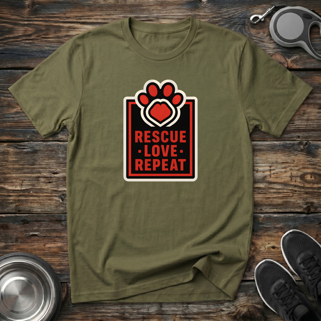 Rescue Love Repeat Dog Rescue T-Shirt – Bold Paw Heart Badge Graphic Tee for Animal Rescue Advocates & Dog Lovers