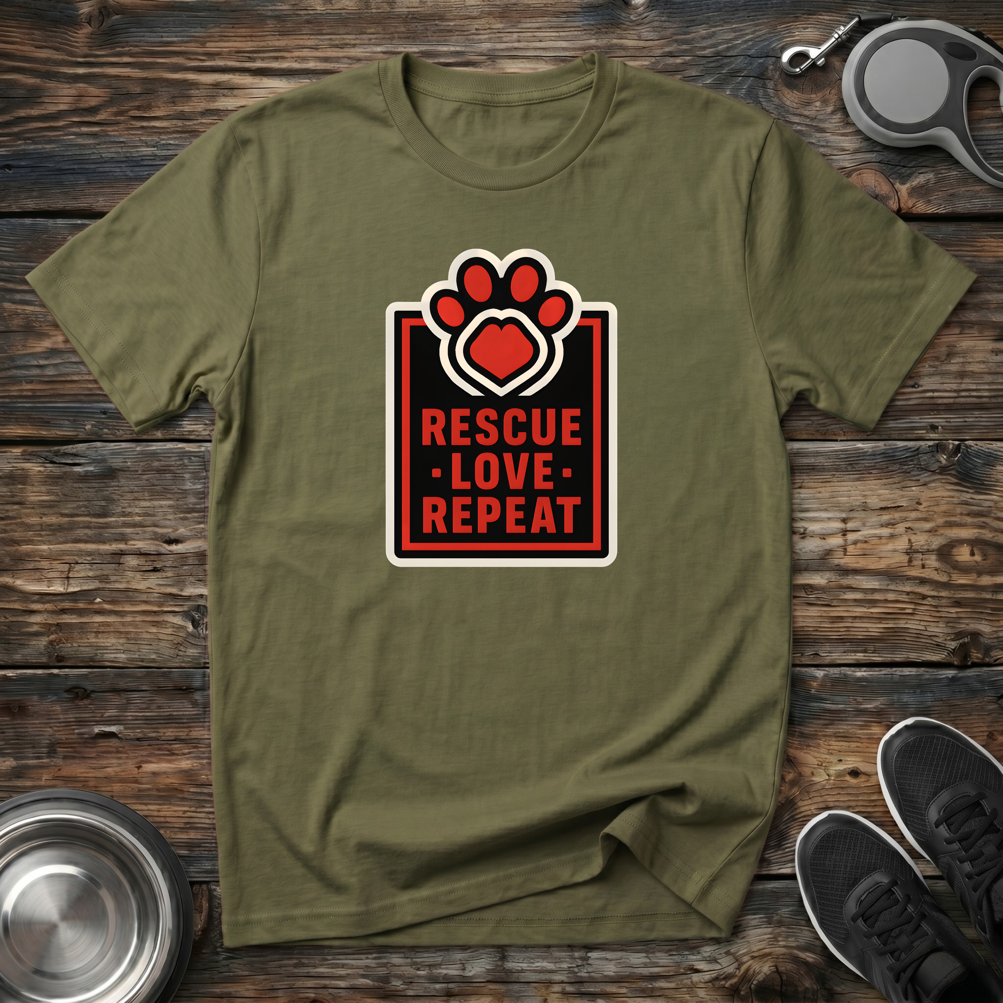 Rescue Love Repeat Dog Rescue T-Shirt – Bold Paw Heart Badge Graphic Tee for Animal Rescue Advocates & Dog Lovers