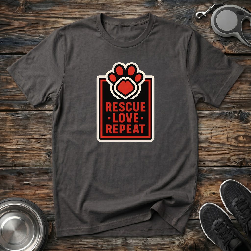 Rescue Love Repeat Dog Rescue T-Shirt – Bold Paw Heart Badge Graphic Tee for Animal Rescue Advocates & Dog Lovers