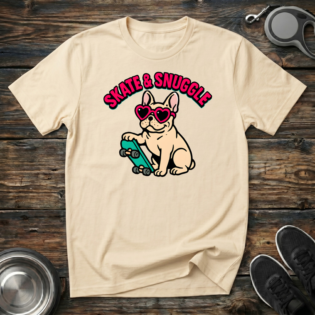 Skate & Snuggle Funny French Bulldog T-Shirt – Cute Frenchie on Skateboard Graphic Tee for Dog Lovers & Skate Culture Fans