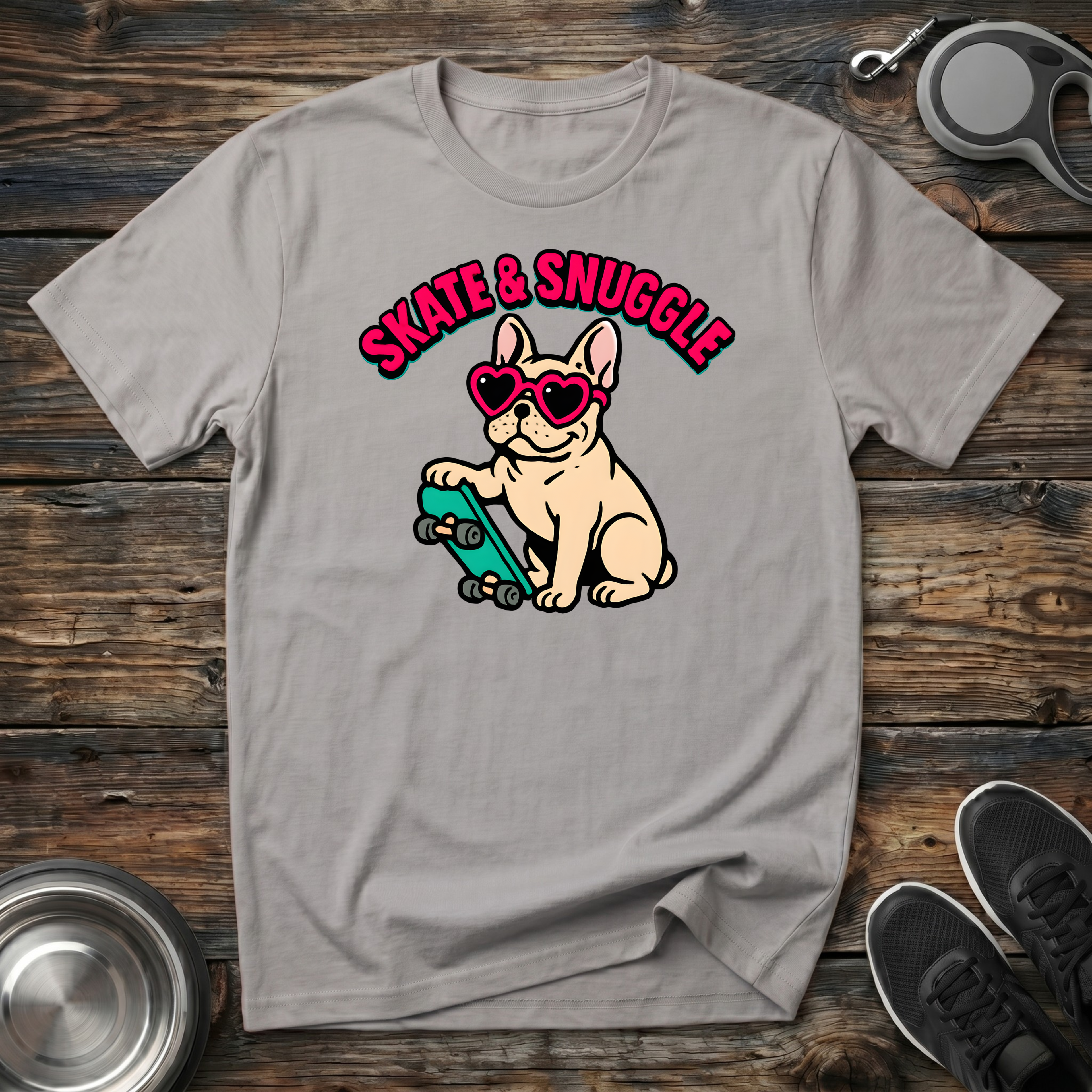 Skate & Snuggle Funny French Bulldog T-Shirt – Cute Frenchie on Skateboard Graphic Tee for Dog Lovers & Skate Culture Fans