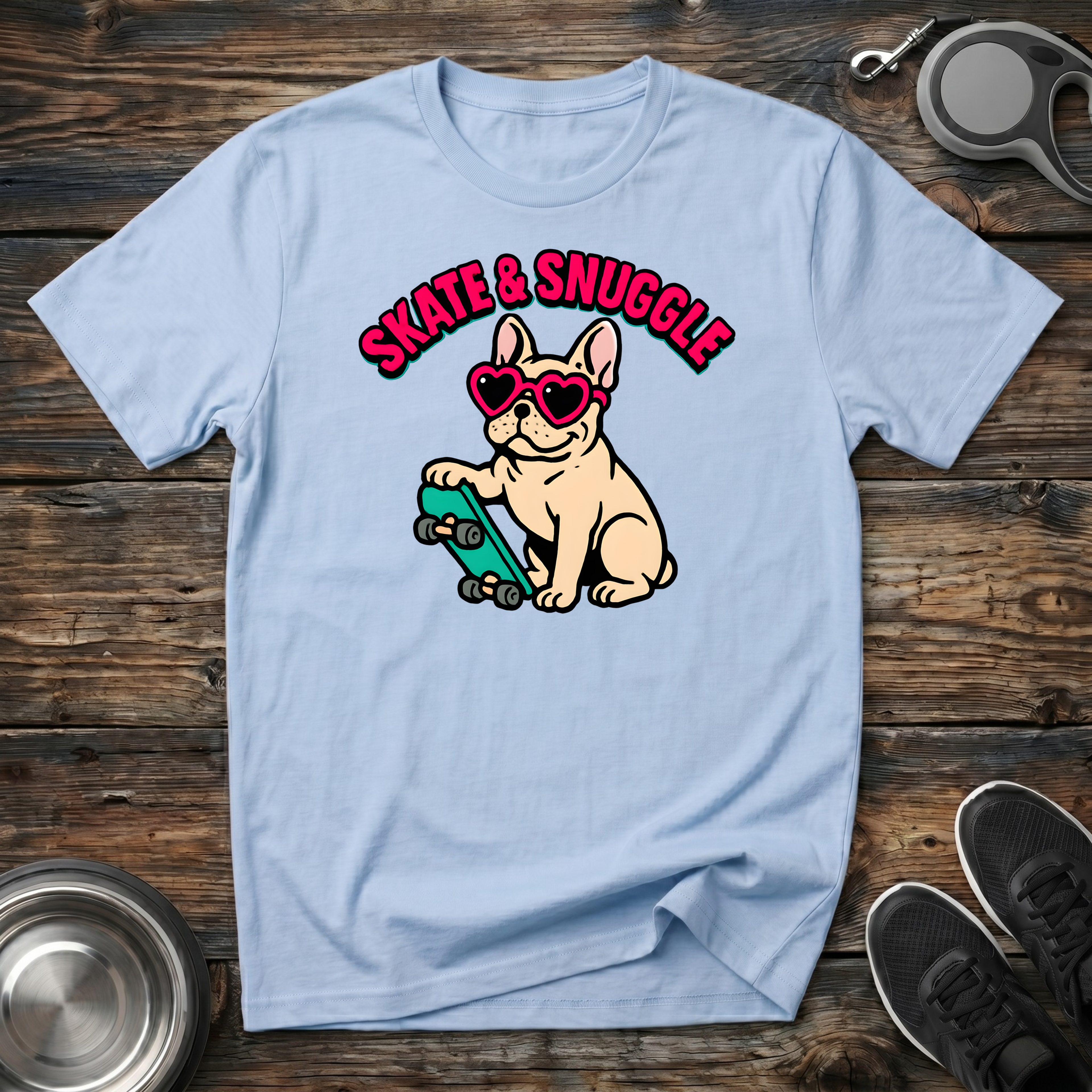 Skate & Snuggle Funny French Bulldog T-Shirt – Cute Frenchie on Skateboard Graphic Tee for Dog Lovers & Skate Culture Fans