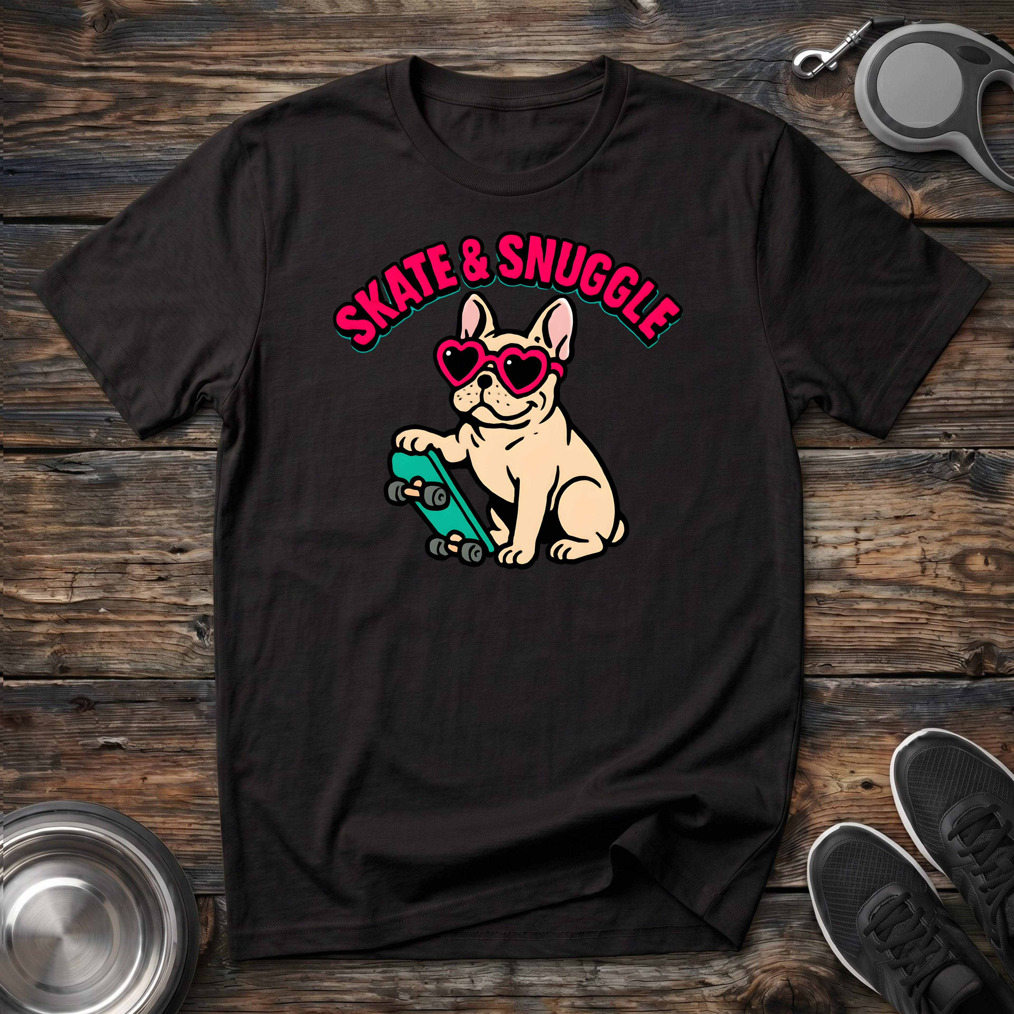 Skate & Snuggle Funny French Bulldog T-Shirt – Cute Frenchie on Skateboard Graphic Tee for Dog Lovers & Skate Culture Fans