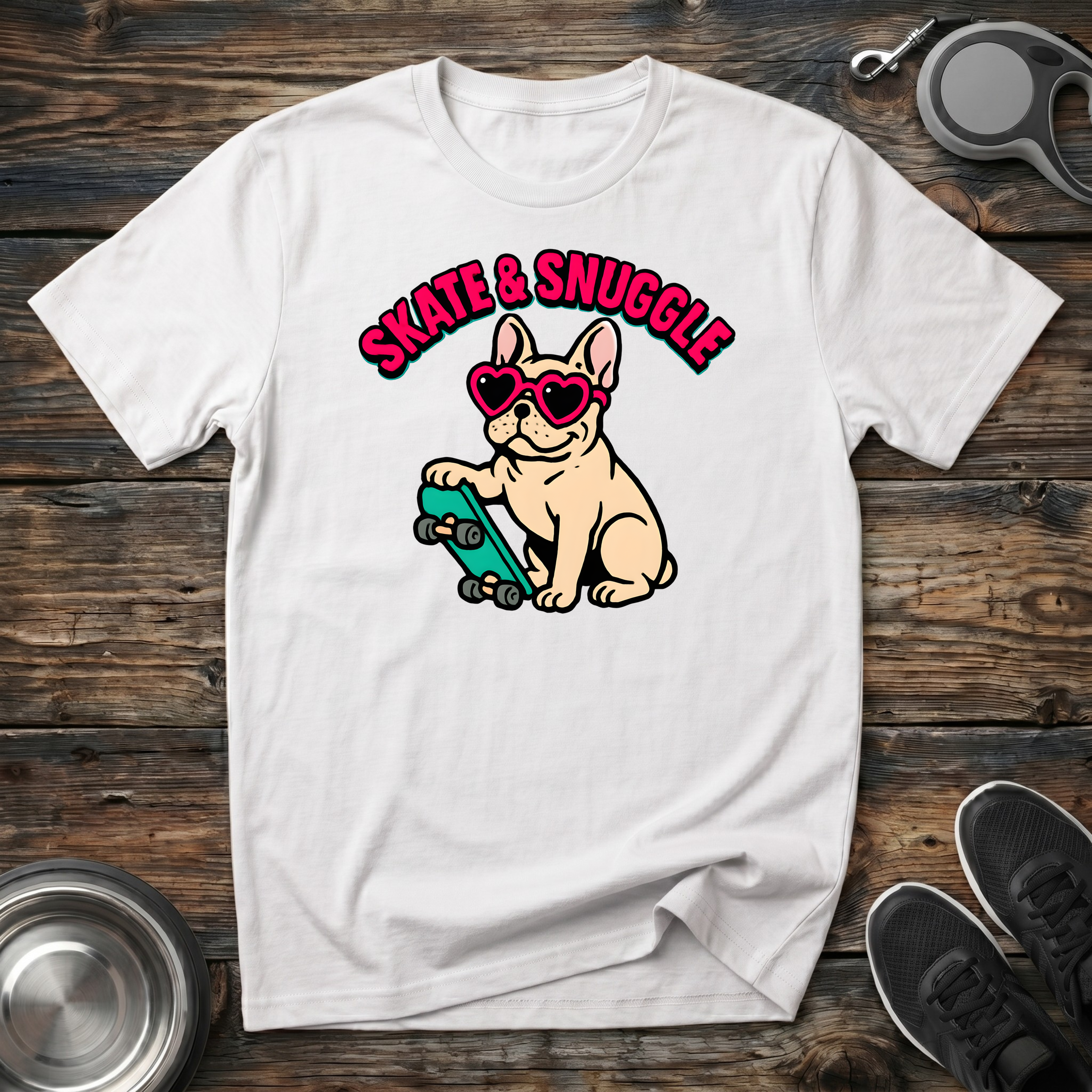 Skate & Snuggle Funny French Bulldog T-Shirt – Cute Frenchie on Skateboard Graphic Tee for Dog Lovers & Skate Culture Fans