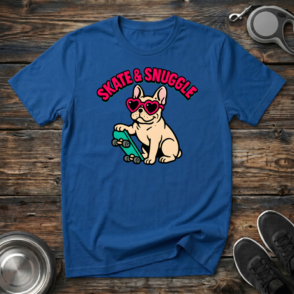 Skate & Snuggle Funny French Bulldog T-Shirt – Cute Frenchie on Skateboard Graphic Tee for Dog Lovers & Skate Culture Fans