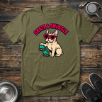 Military green unisex t-shirt with French Bulldog wearing heart sunglasses on a skateboard graphic and bold hot pink arched "Skate & Snuggle" retro bubble lettering — funny unique Frenchie lover gift tee