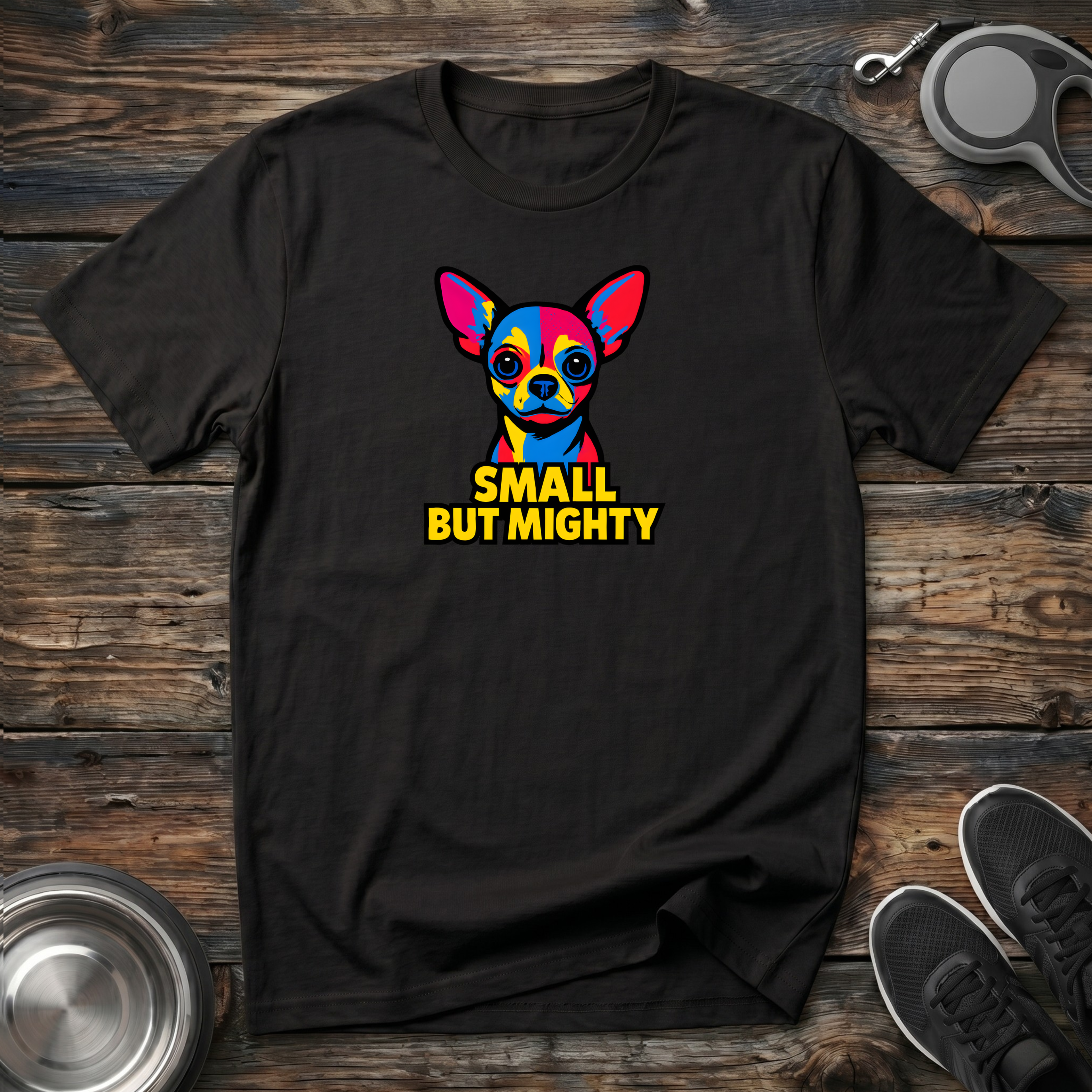 Small But Mighty Funny Chihuahua T-Shirt – Bold Pop Art Chihuahua Graphic Tee for Small Dog Lovers & Chi Moms