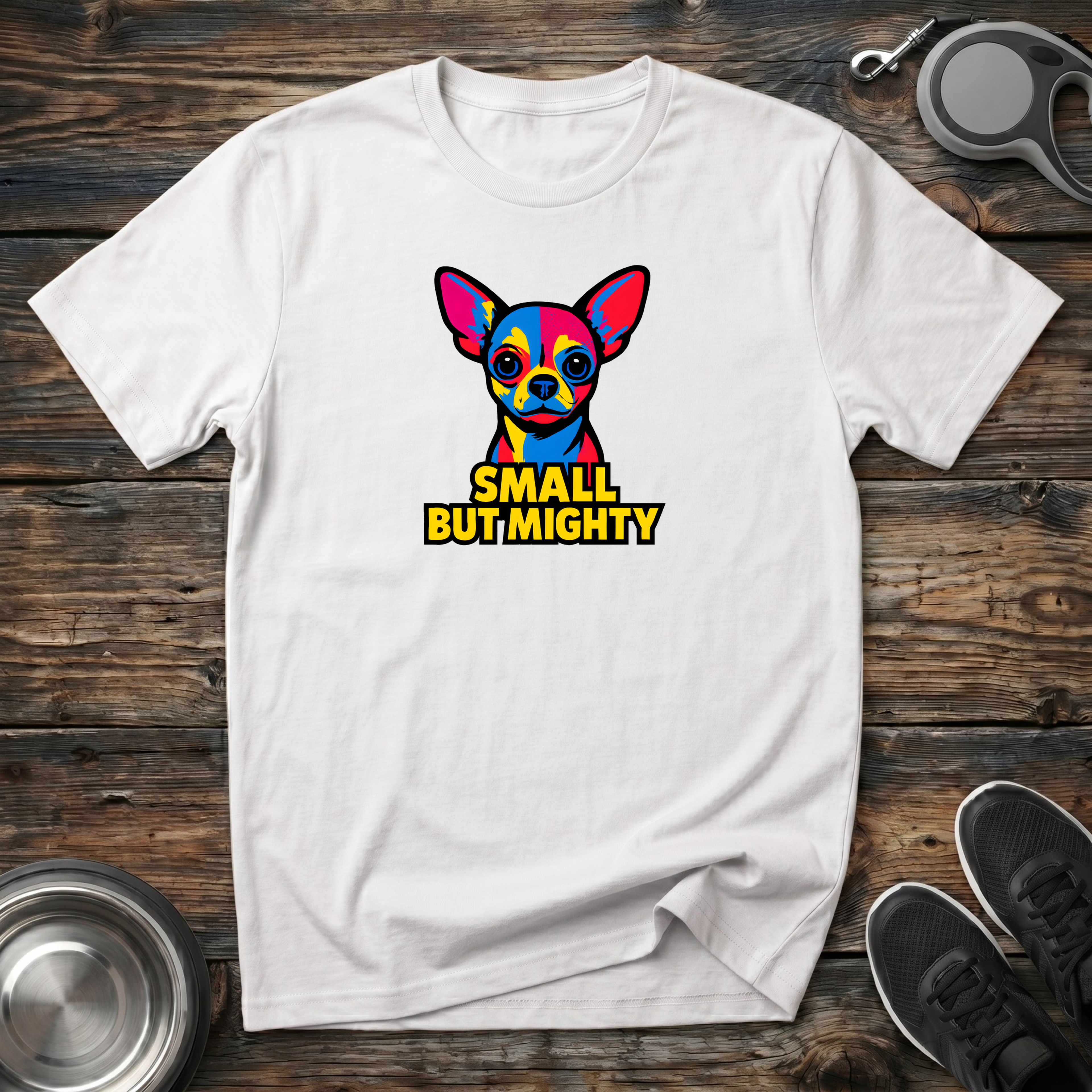 Small But Mighty Funny Chihuahua T-Shirt – Bold Pop Art Chihuahua Graphic Tee for Small Dog Lovers & Chi Moms