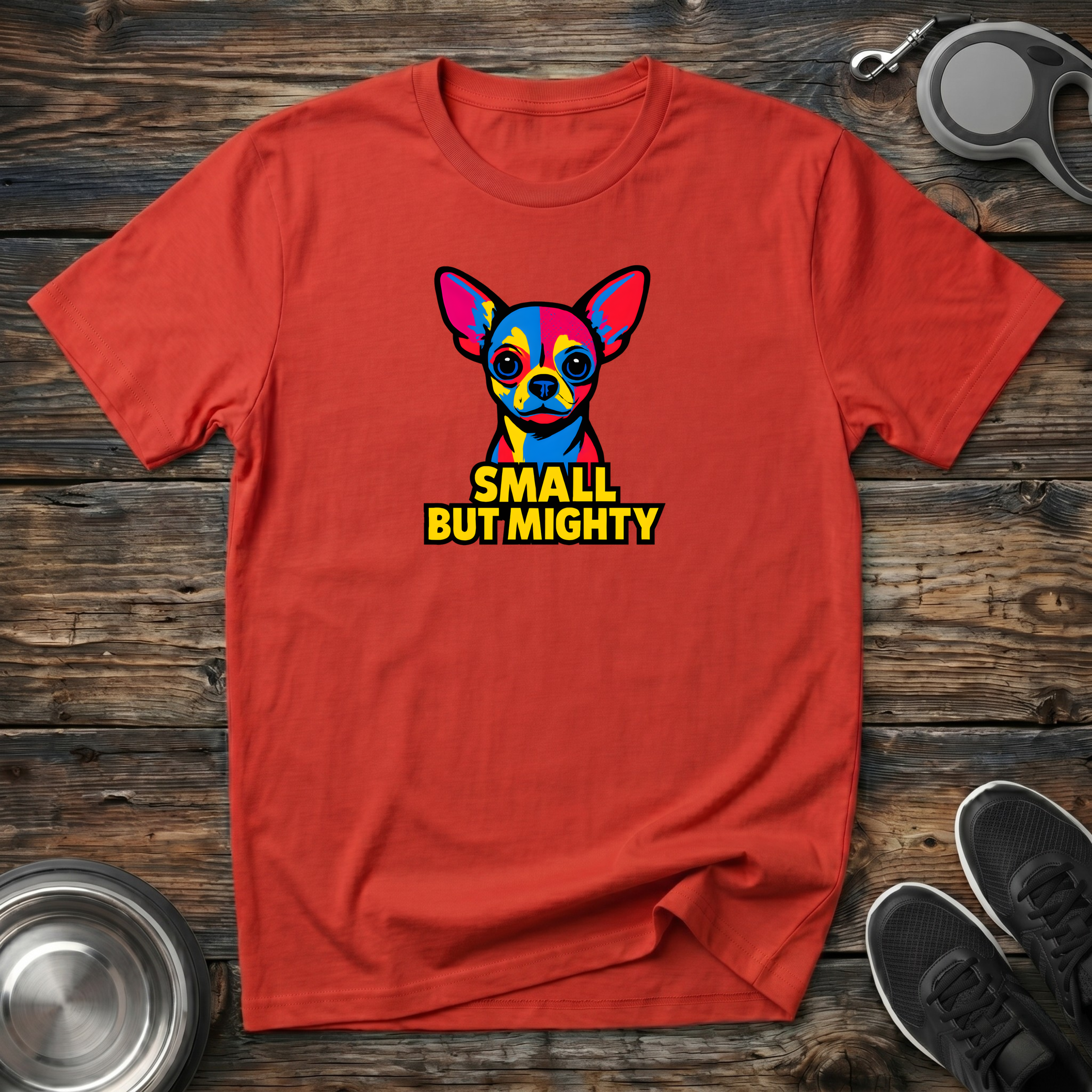 Small But Mighty Funny Chihuahua T-Shirt – Bold Pop Art Chihuahua Graphic Tee for Small Dog Lovers & Chi Moms