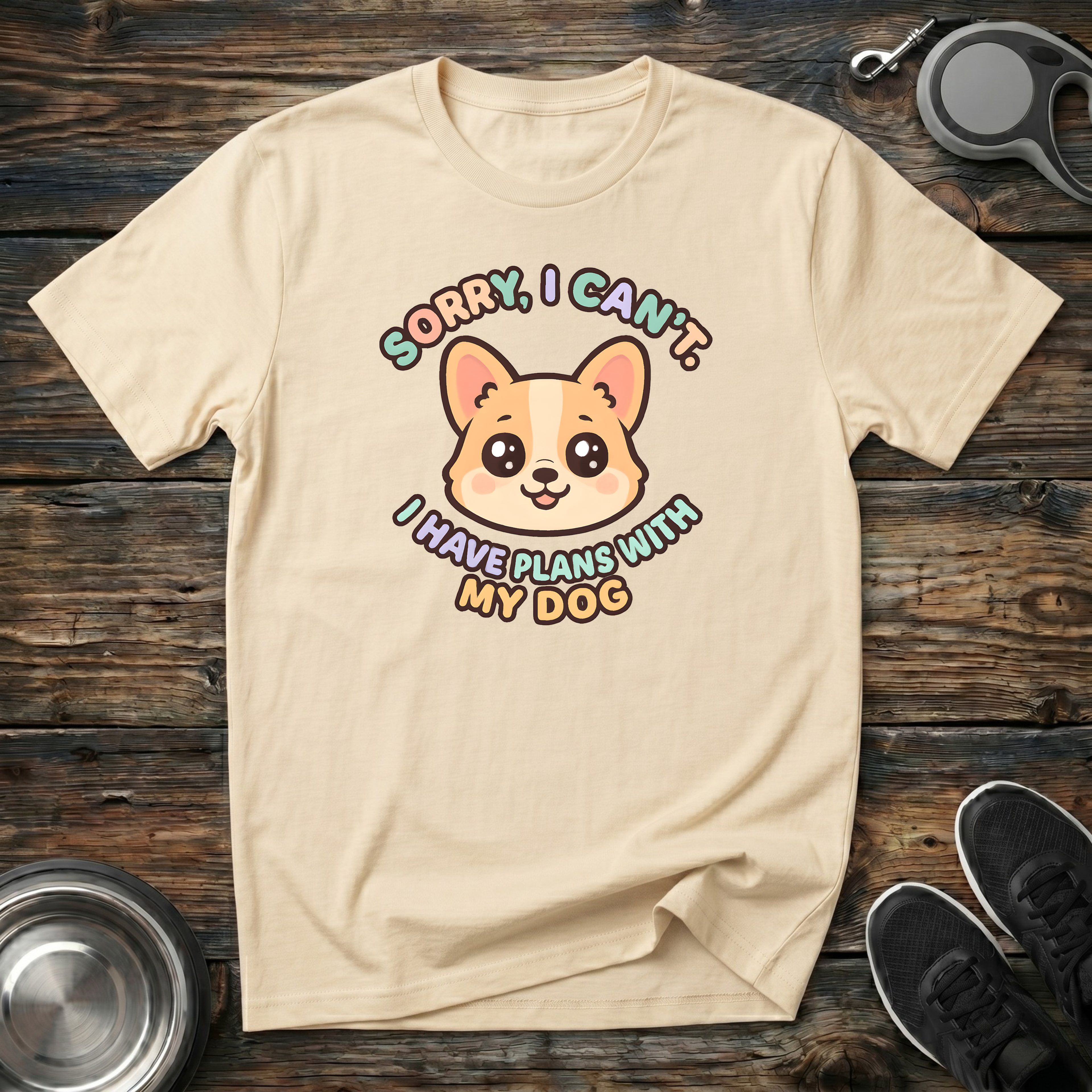 Sorry I Cant I Have Plans With My Dog white t-shirt with adorable
kawaii Corgi face and playful pastel rainbow lettering,
funny dog lover tee and dog mom introvert gift